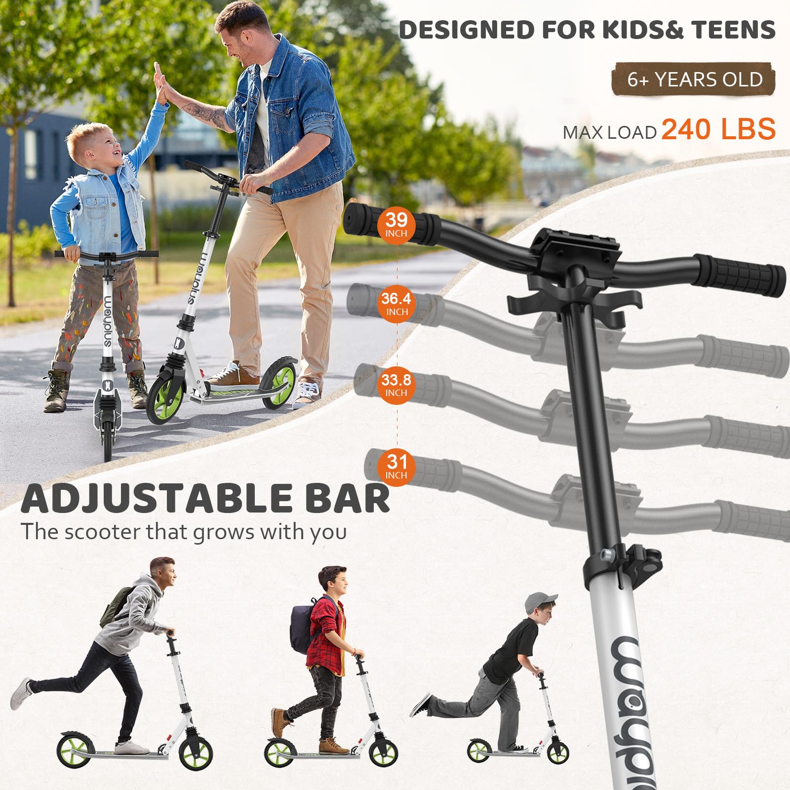 Kick Scooter for Ages 6+,Kid, Teens &amp; Adults. Max Load 240 LBS. Foldable, Lightweight, 8IN Big Wheels for Kids, Teen and Adults, 4 Adjustable Levels. Bearing ABEC9