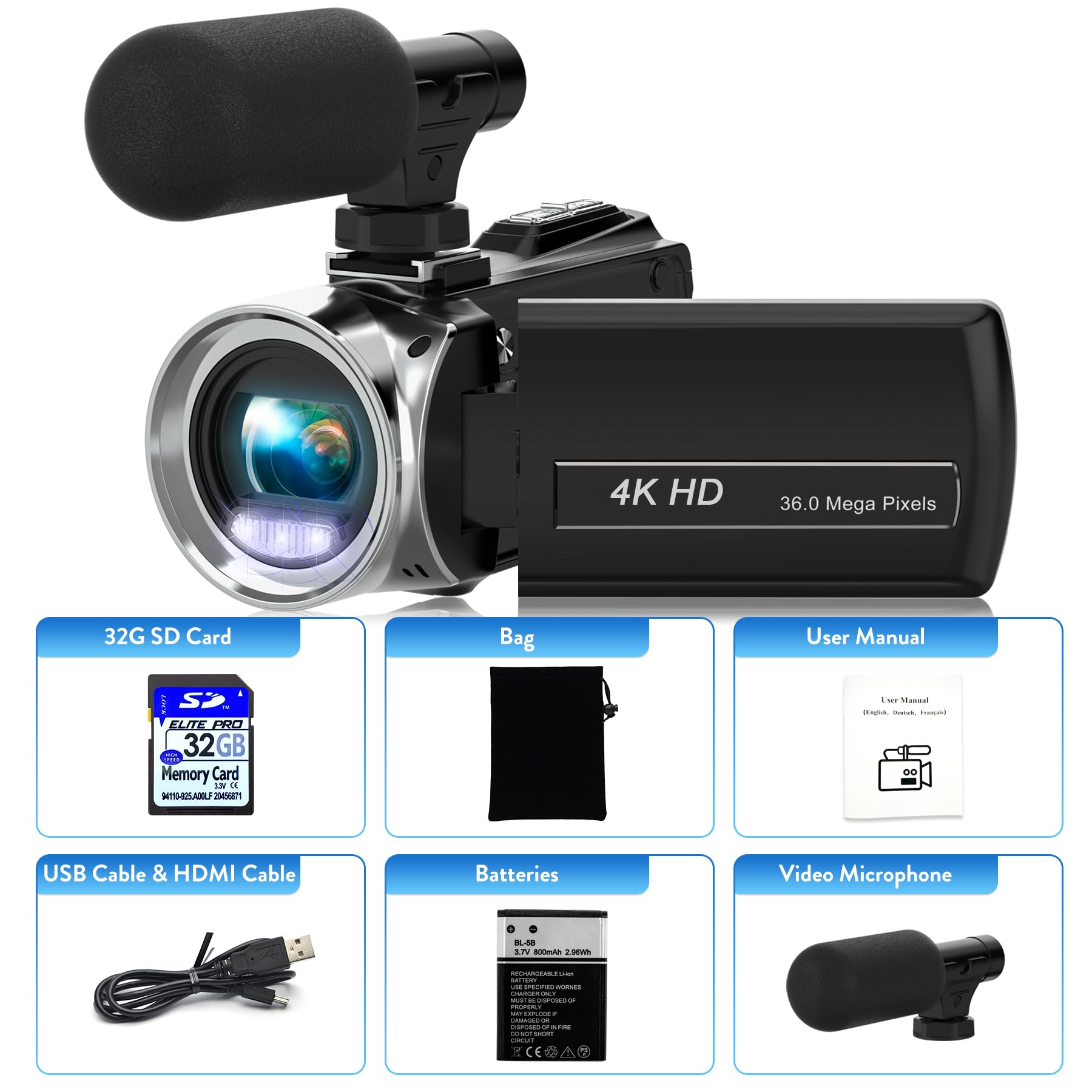 Video Camera Camcorder HD 4K 48MP Video Recorder Camera Vlogging Camera for YouTube Camcorders Video Camera for Kids with 3.0" LCD Screen,18X Digital Zoom and 32G SD Card