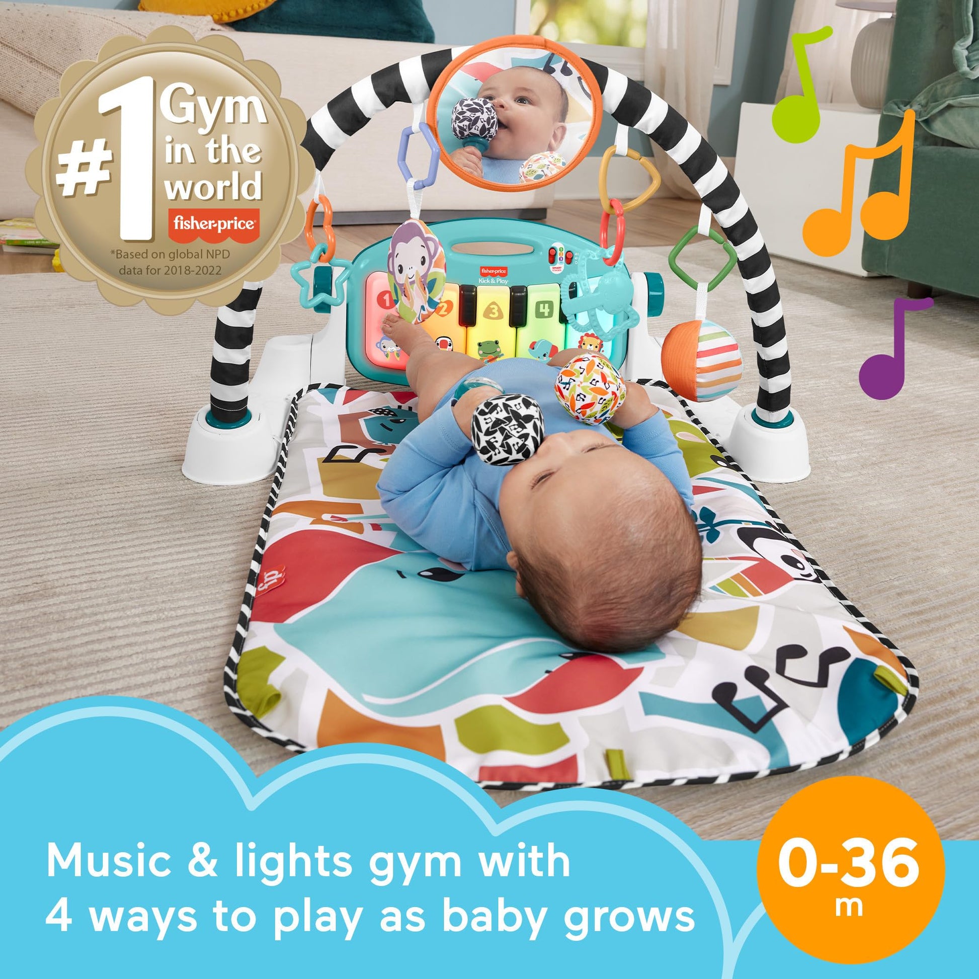 Fisher-Price Baby Gift Set Glow and Grow Kick &amp; Play Piano Gym Blue Playmat &amp; Musical Learning Toy with 2 Rattle Maracas for Newborns Ages 0+ Months