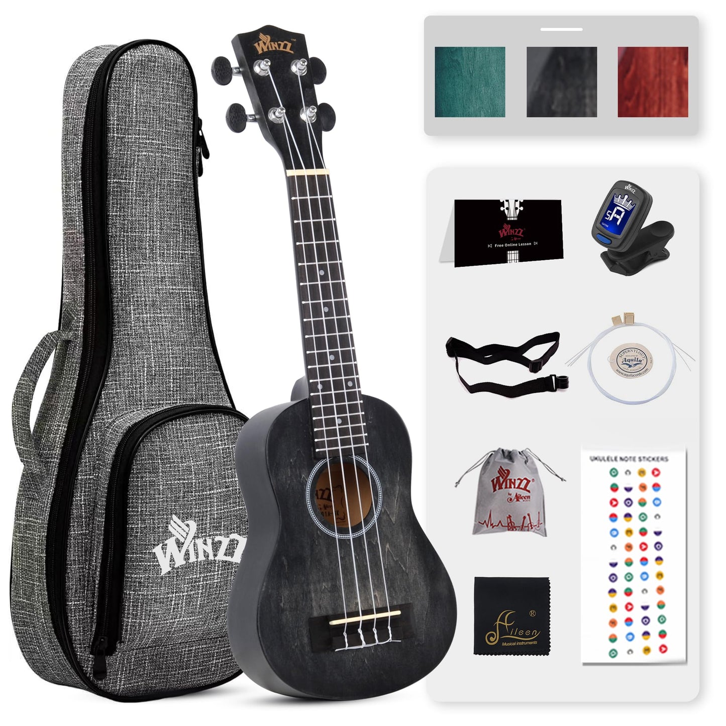 WINZZ HAND RUBBED Series - 21 Inches Soprano Ukulele Vintage Hawaiian Uke with Online Lessons, Bag, Tuner, Strap, Extra Strings, Fingerboard Sticker, Black