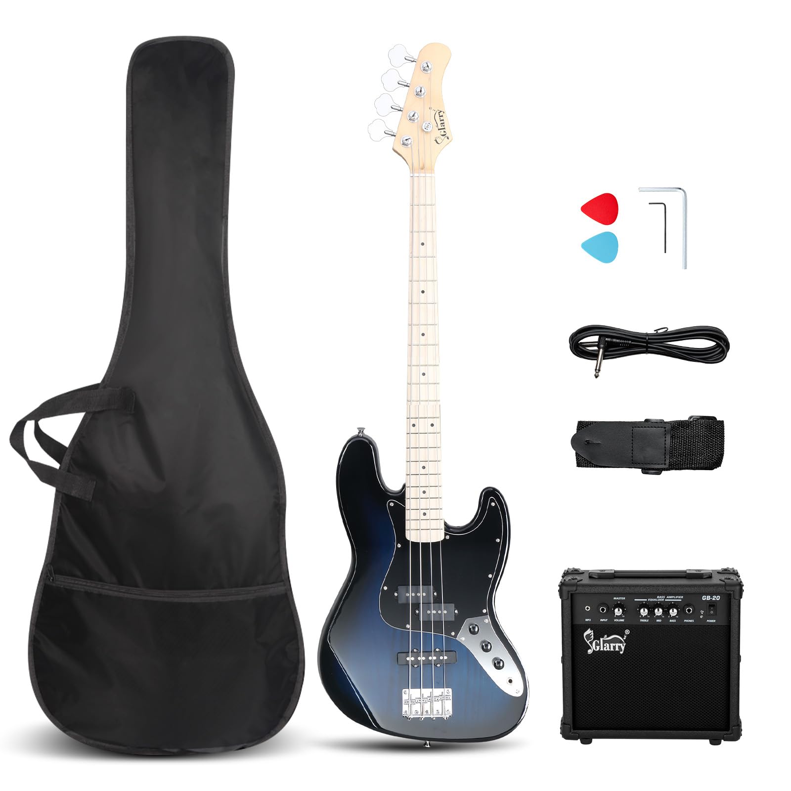 GLARRY 4 String GJazz Electric Bass Guitar Full Size Right Handed with Guitar Bag, Amp Cord and Beginner Kits (Burly Wood)