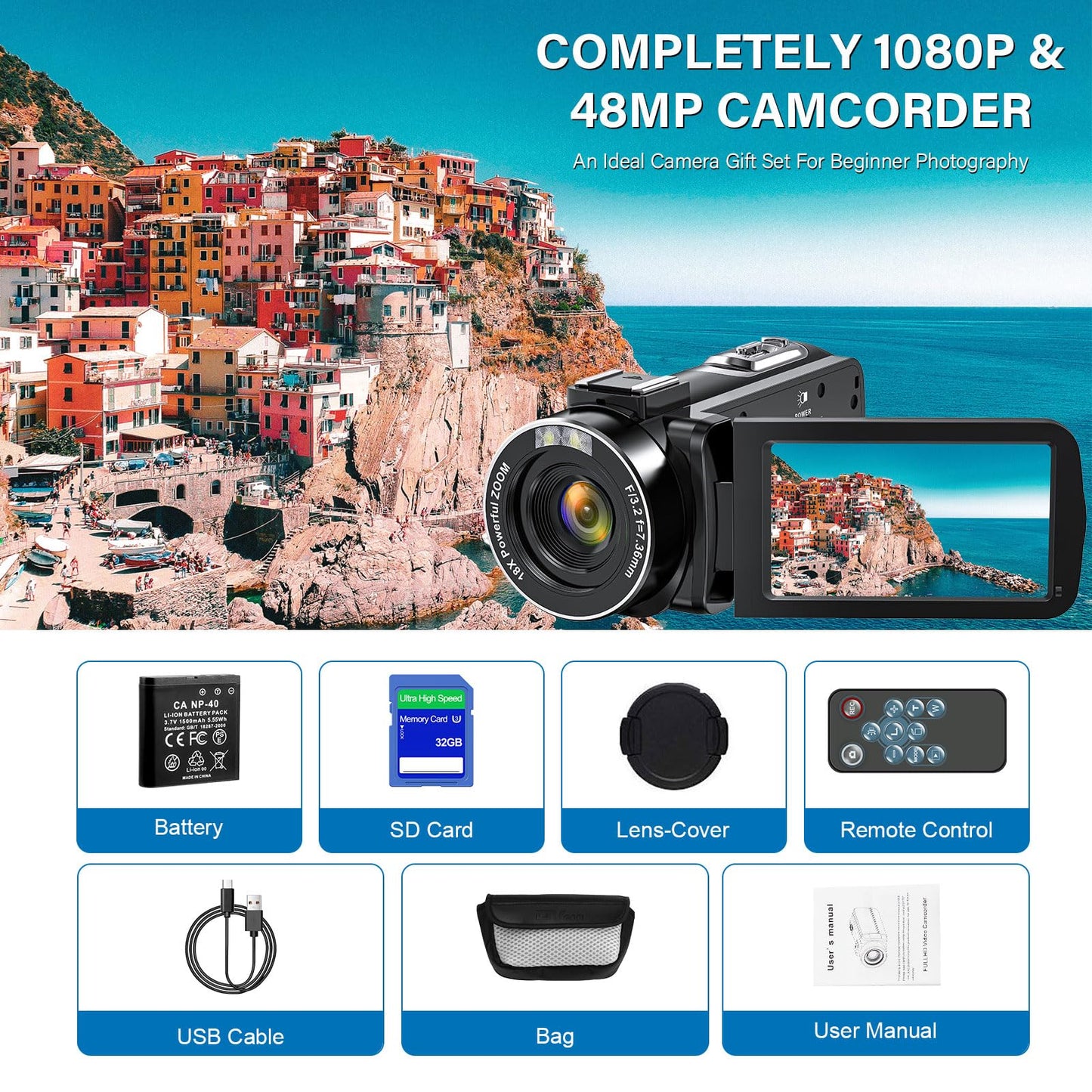 Video Camera Camcorder, Full HD 1080P 48MP Camcorder 16X Digital Video Camera for YouTube, 3.0 Inch IPS Screen Vlogging Camera Recorder with Controller, Battery and 32GB Card