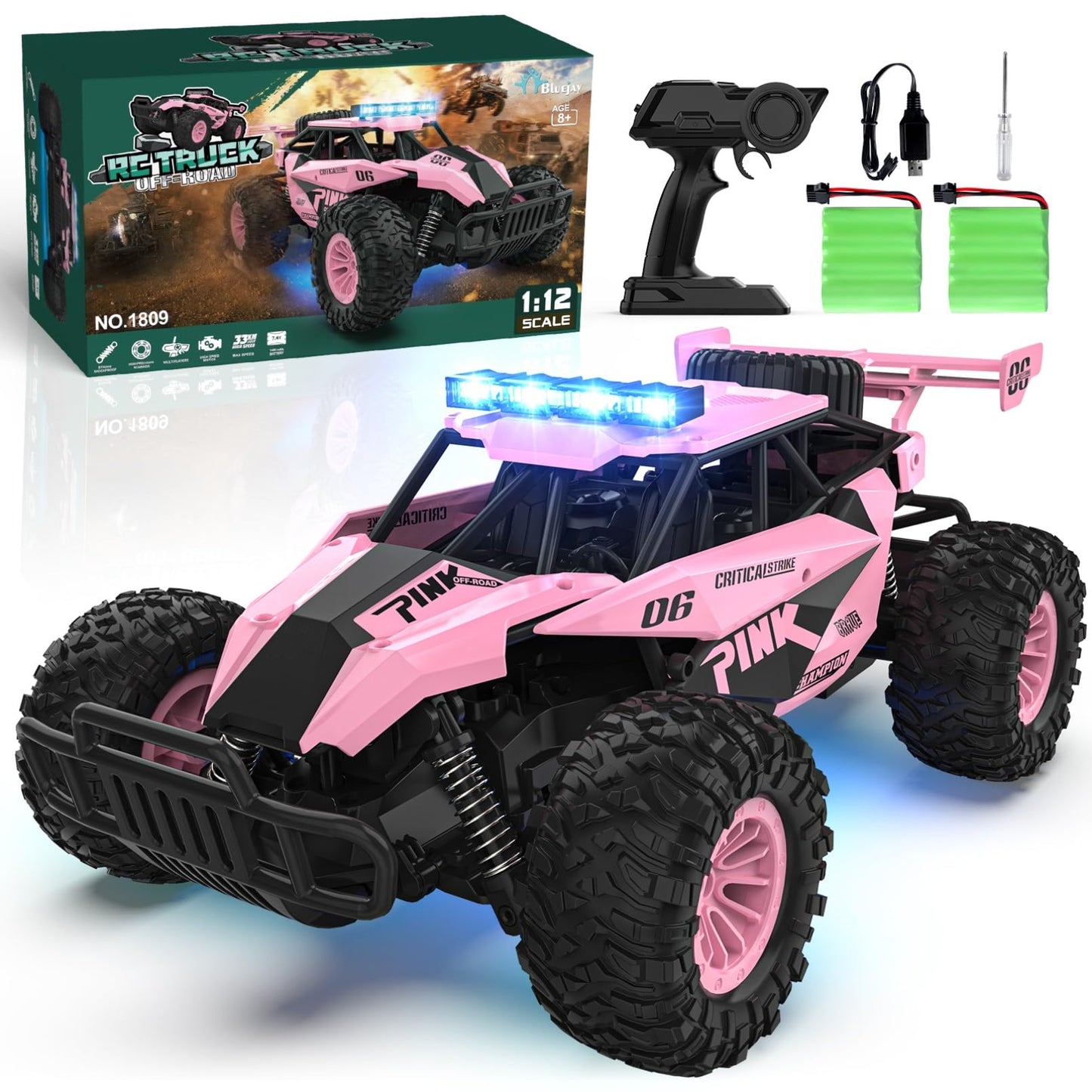 BLUEJAY Remote Control Car, 2.4GHz High Speed 33KM/H RC Cars Toys, 1:12 Monster RC Truck Off Road with LED Headlight and Rechargeable Battery Gifts for Adults Boys 8-12