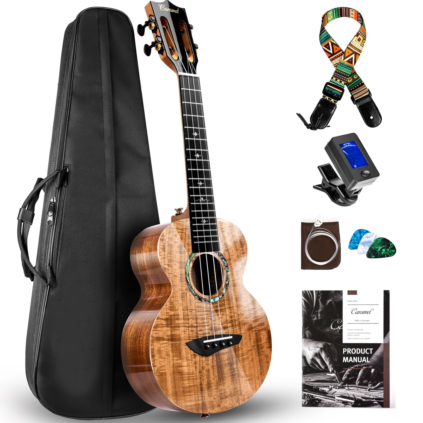 Caramel CAG94 Glossy Black Ebony 23" Concert Ukulele for Beginner | Handmade Ukelele Starter Kit