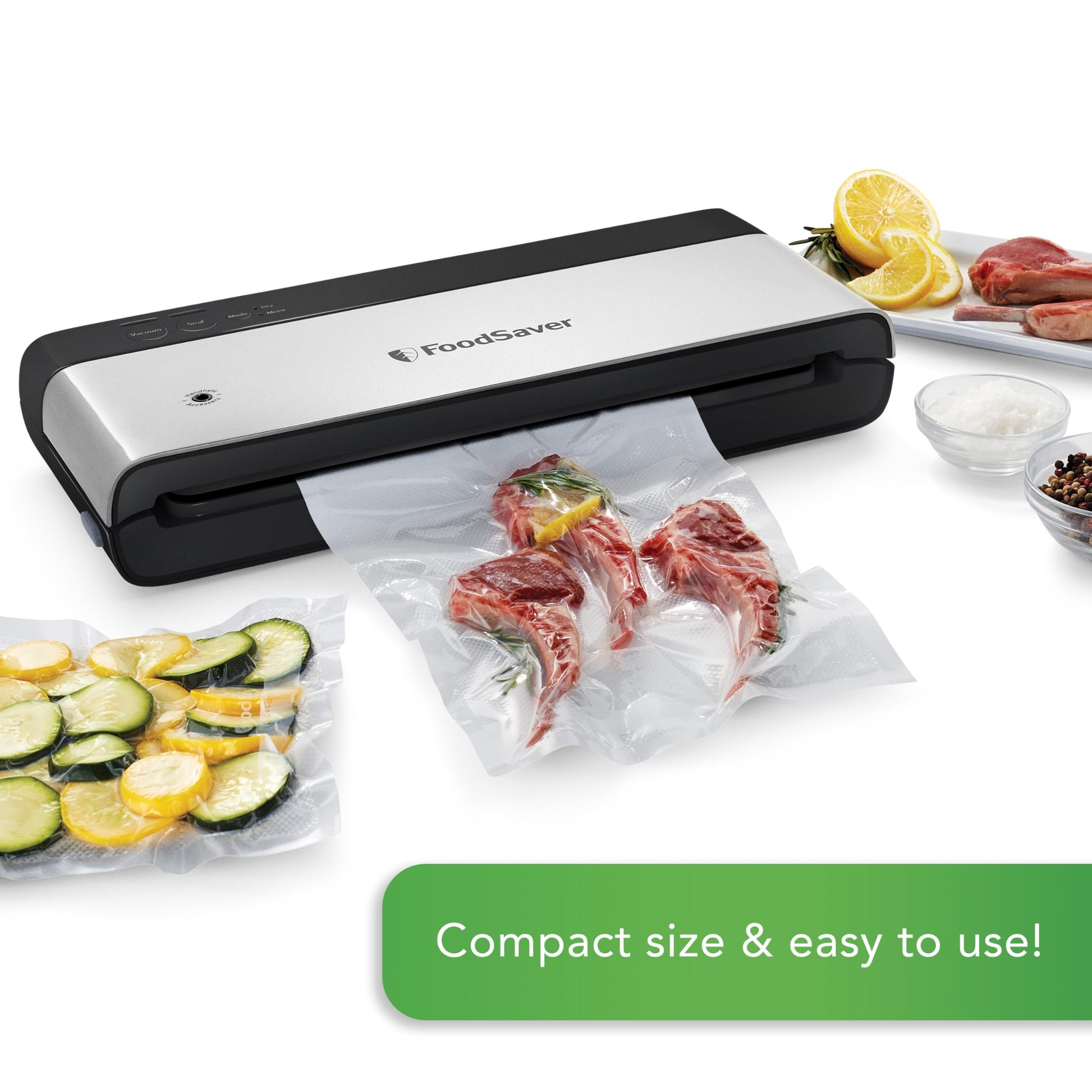 FoodSaver PowerVac Compact Vacuum Sealing Machine, Stainless Steel &amp; Black, Vertical Storage, VS0150 | Preserves freshness, reduces bag waste, for both dry and wet food