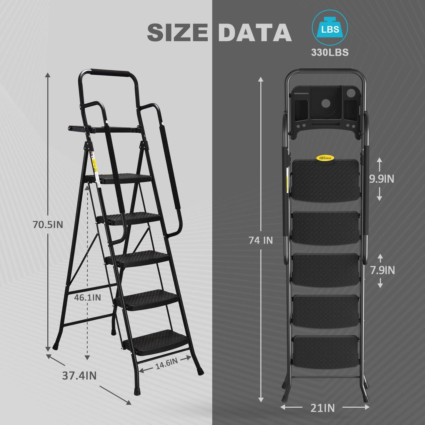 HBTower Step Ladder, Folding Step Stool with Wide Anti-Slip Pedal, Sturdy Steel Ladder, Convenient Handrail, Lightweight, Portable Steel Step Stool