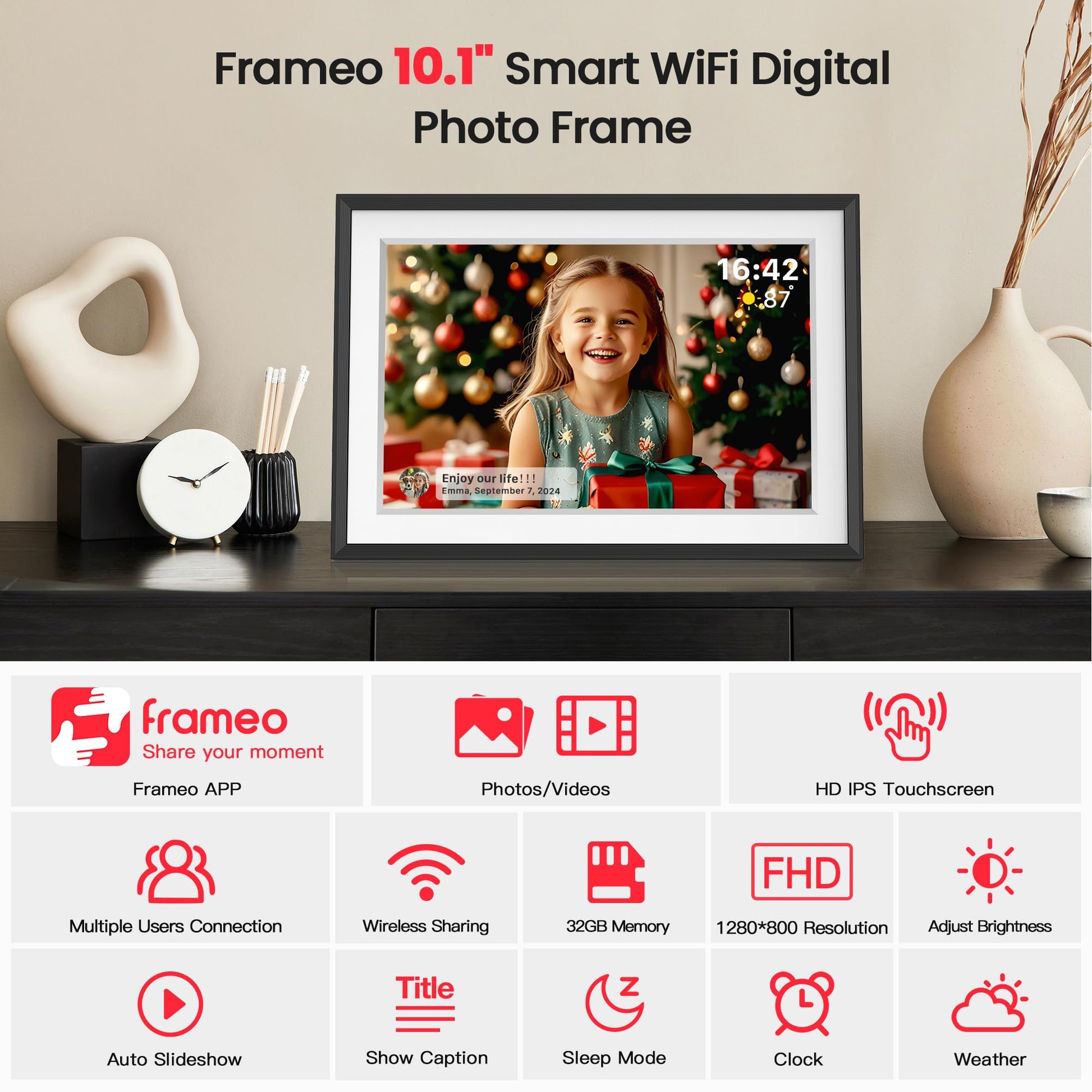 Frameo 10.1 Inch WiFi Digital Picture Frame, Smart Cloud Electronic Photo Frame with HD IPS Touch Screen Slideshow 32GB Memory Auto-Rotate Wall Mount, Share Photos/Videos from Phone by Frameo App