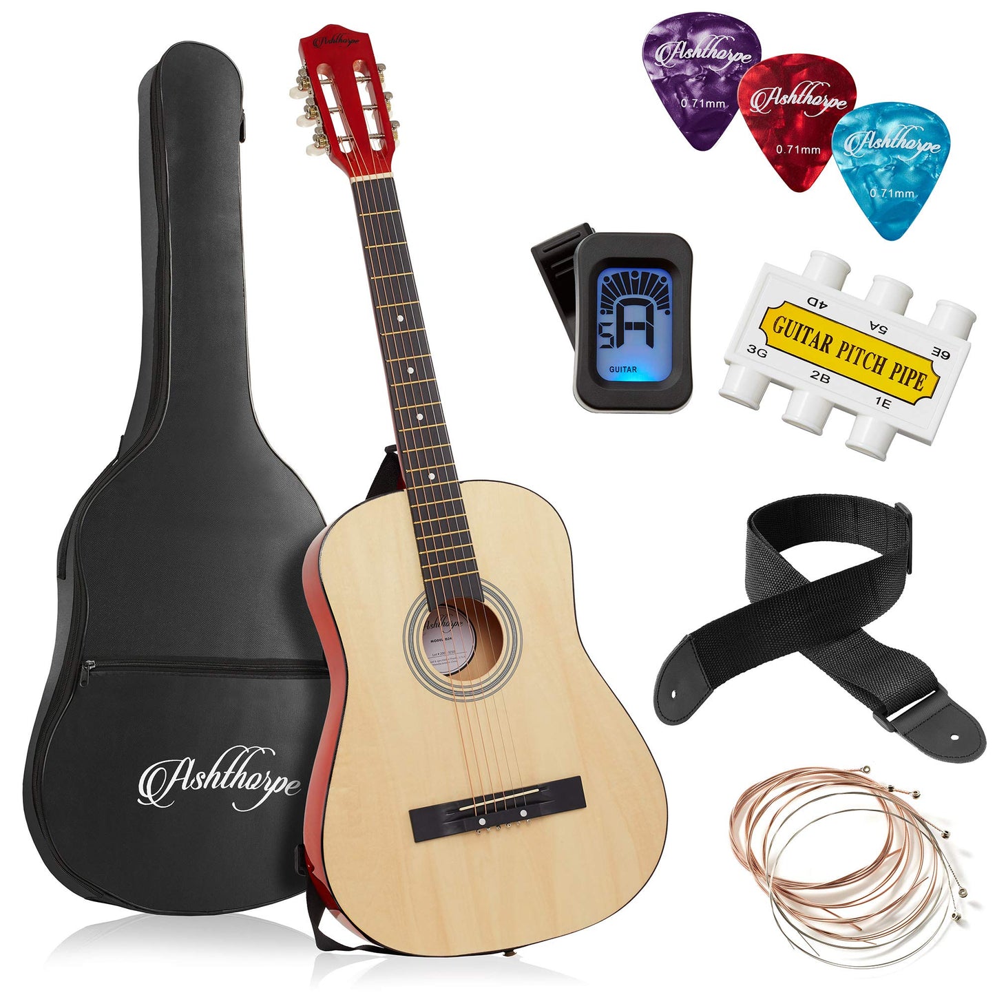 Ashthorpe 30-inch Beginner Acoustic Guitar Package (Black), Basic Starter Kit w/Gig Bag, Strings, Strap, Tuner, Picks