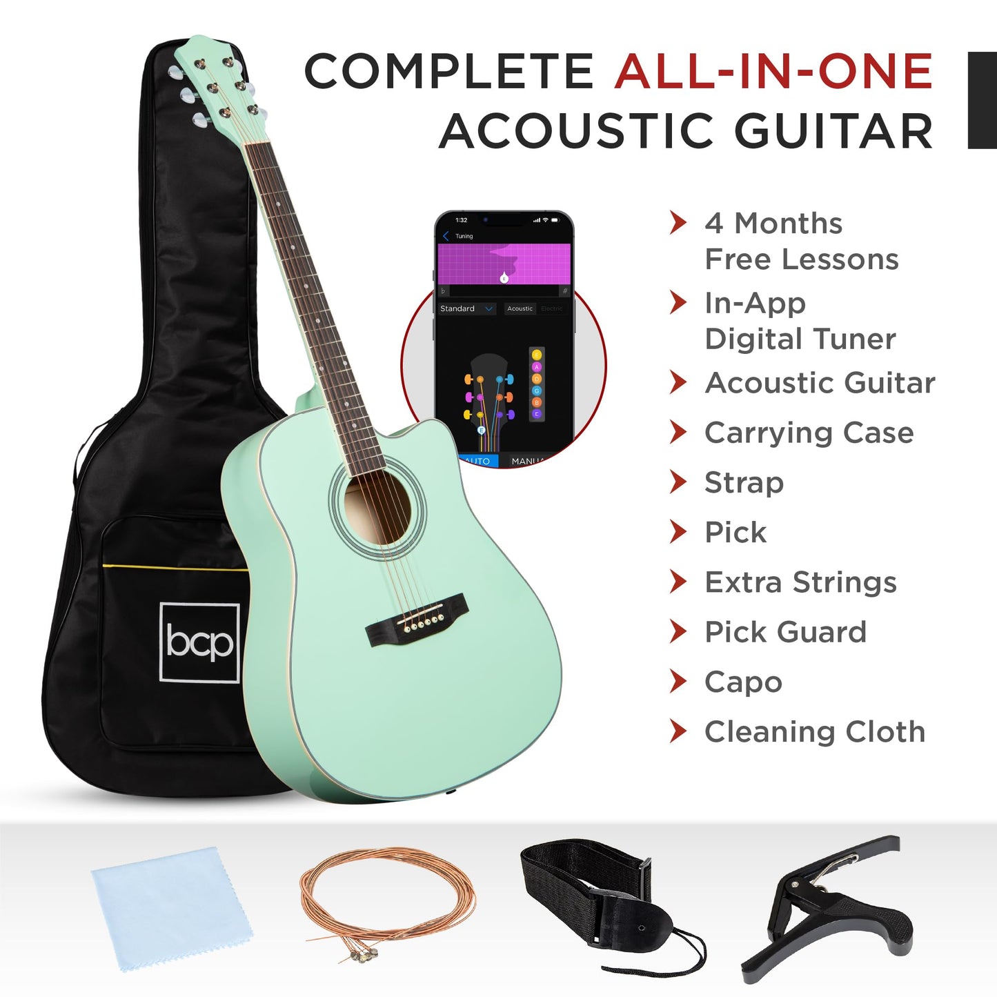 Best Choice Products 41in Beginner Acoustic Guitar Full Size All Wood Cutaway Guitar Starter Set w/Case, Strap, Capo, Strings, Picks - Aged Natural