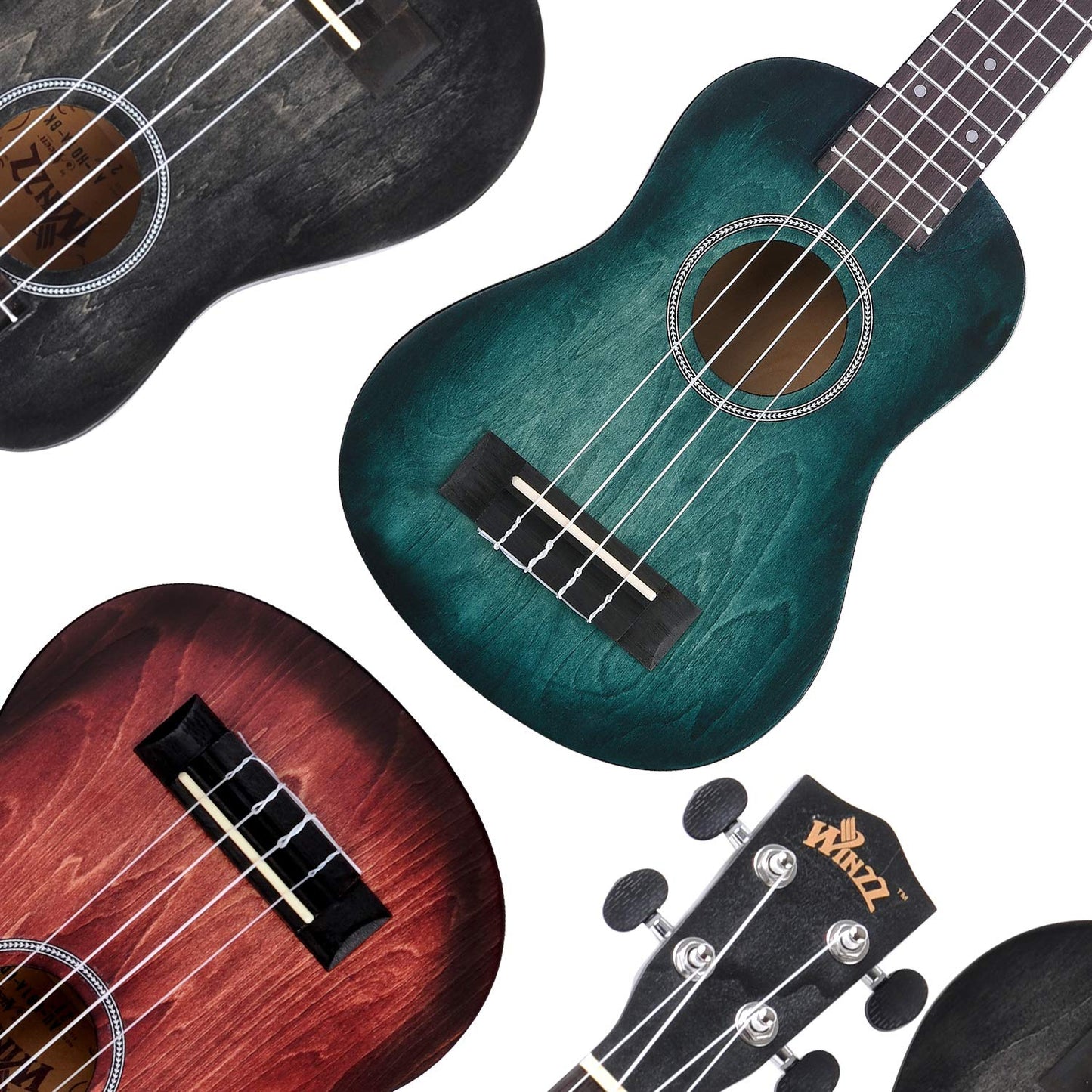 WINZZ HAND RUBBED Series - 21 Inches Soprano Ukulele Vintage Hawaiian Uke with Online Lessons, Bag, Tuner, Strap, Extra Strings, Fingerboard Sticker, Black