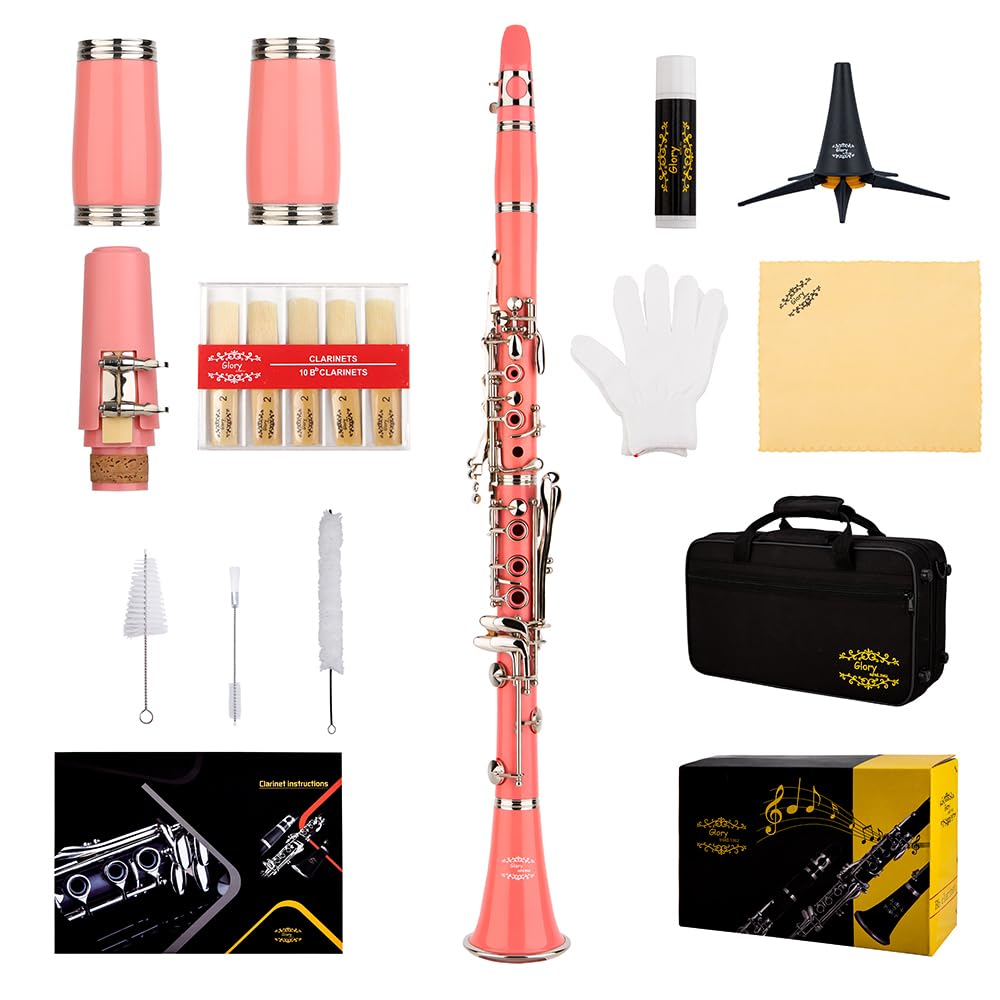 Glory GLY-CLADBL Professional Ebonite Bb Clarinet with 10 Reeds, Stand, Hard Case, Cleaning Cloth, Cork Grease, Mouthpiece Brush and Pad Brush,Dark Blue/Silver