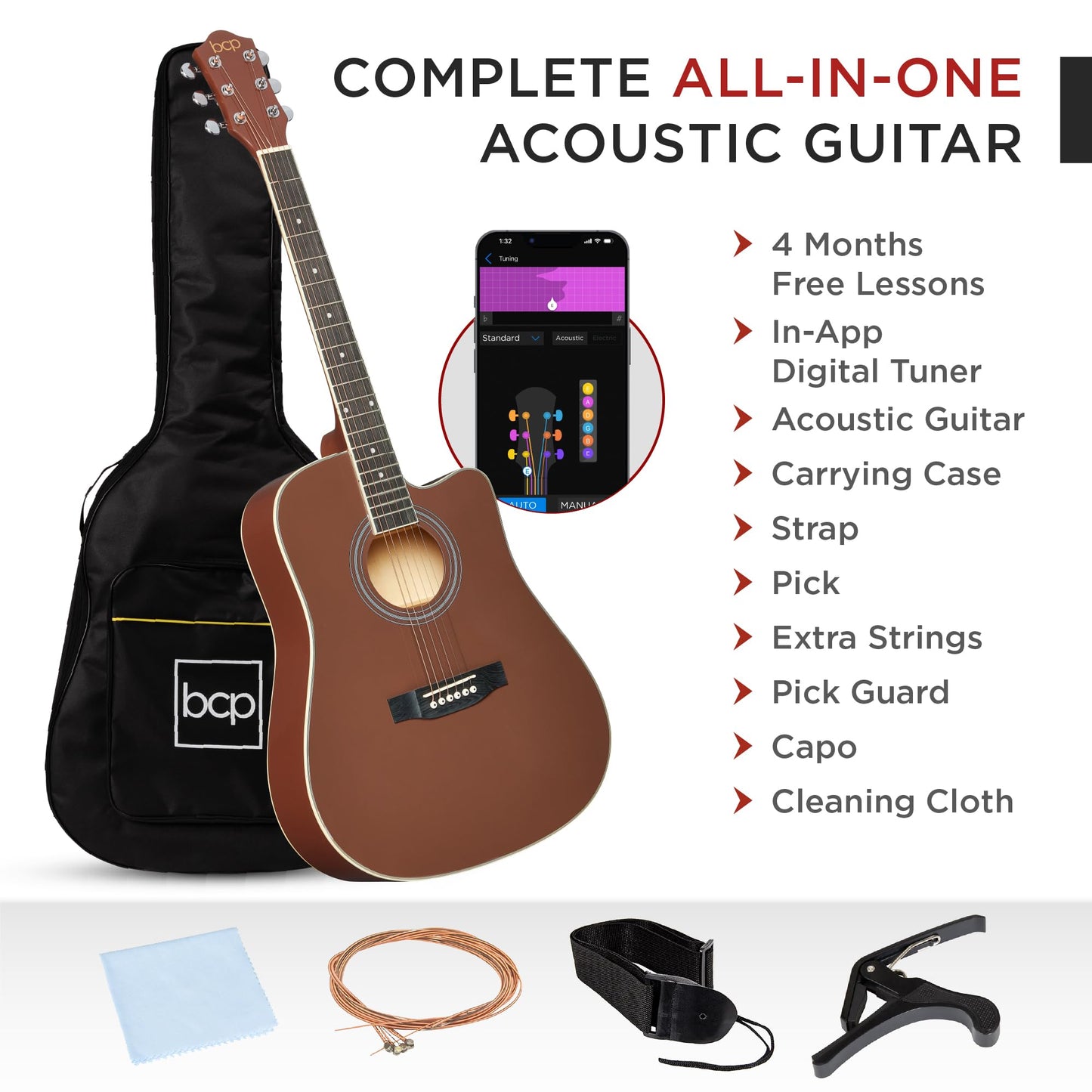 Best Choice Products 41in Beginner Acoustic Guitar Full Size All Wood Cutaway Guitar Starter Set w/Case, Strap, Capo, Strings, Picks - Aged Natural