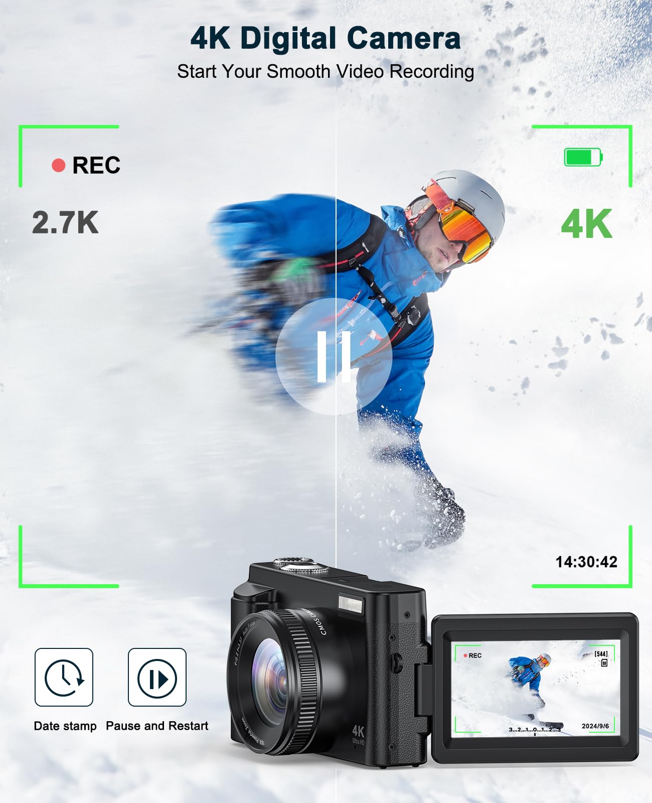 4K Digital Camera for Photography and Video, Autofocus Anti-Shake 48MP Vlogging Camera for YouTube, 3'' 180°Flip Screen Camera with Flash 16X Zoom, Digital Camera with 32GB Card Battery Charger Black