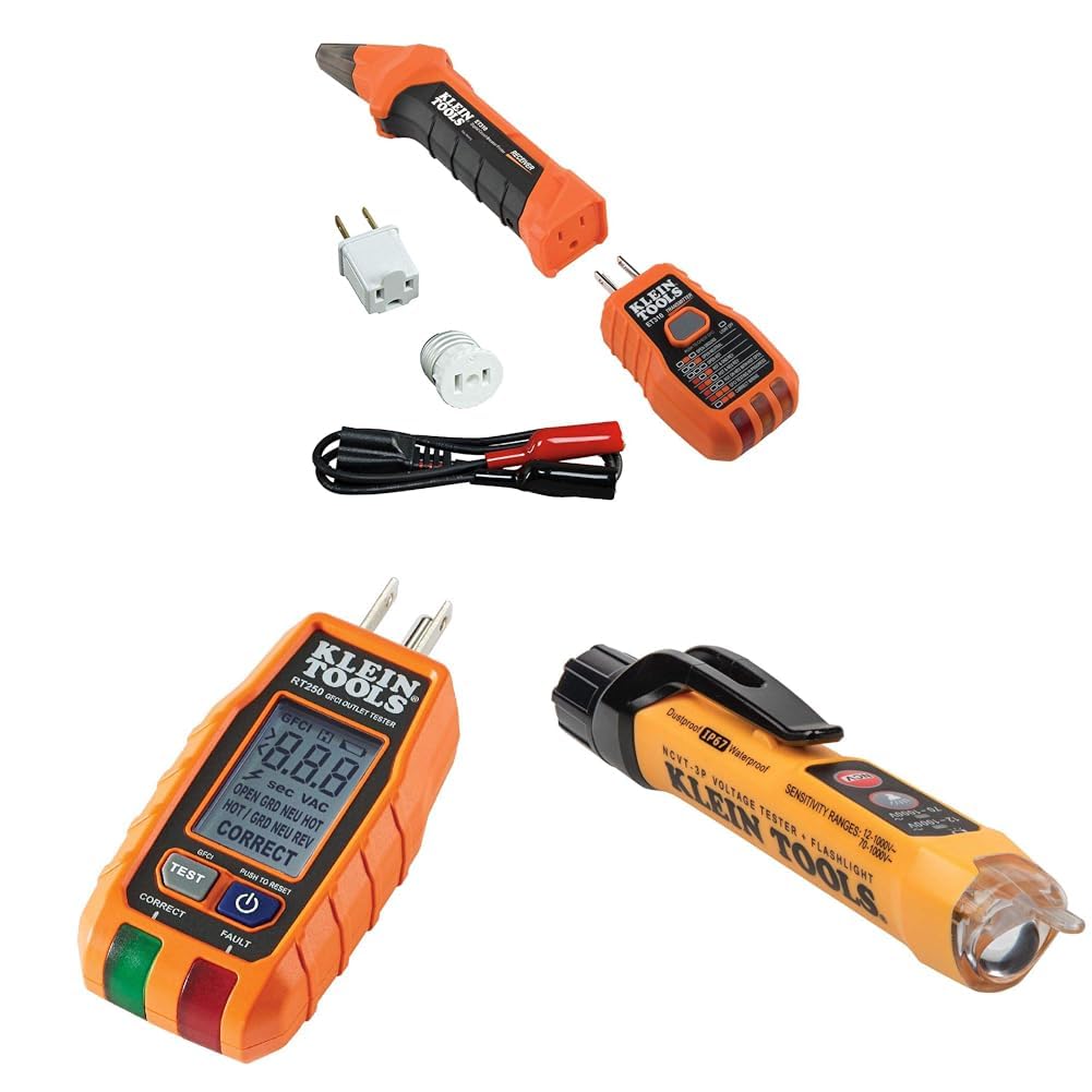 Klein Tools 80016 Circuit Breaker Finder Tool Kit &amp; RT250 GFCI Outlet Tester &amp; NCVT3P Dual Range Non Contact Voltage Tester, 12-1000V AC Pen, Flashlight, Audible and Flashing LED Alarms, Pocket Clip