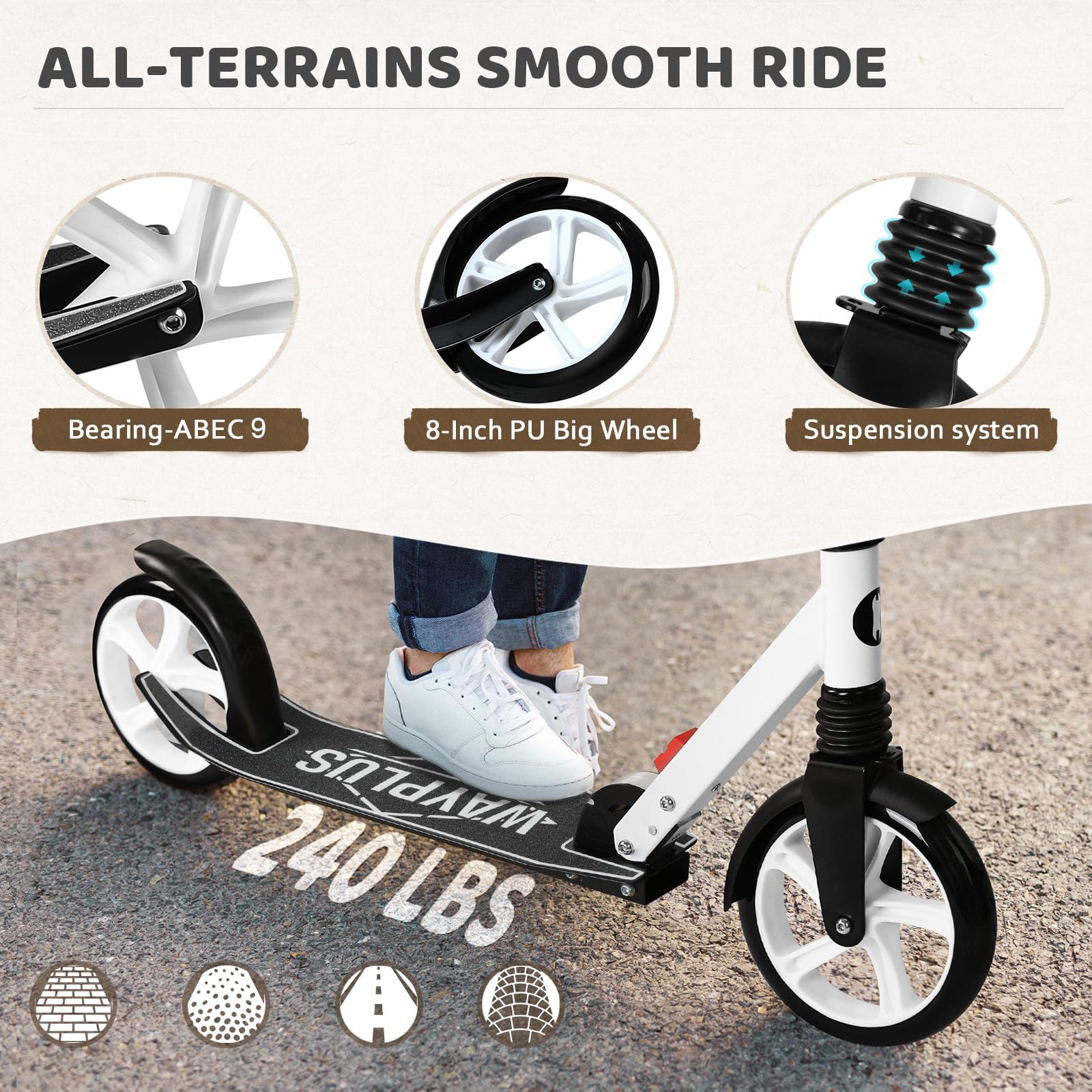 Kick Scooter for Ages 6+,Kid, Teens &amp; Adults. Max Load 240 LBS. Foldable, Lightweight, 8IN Big Wheels for Kids, Teen and Adults, 4 Adjustable Levels. Bearing ABEC9