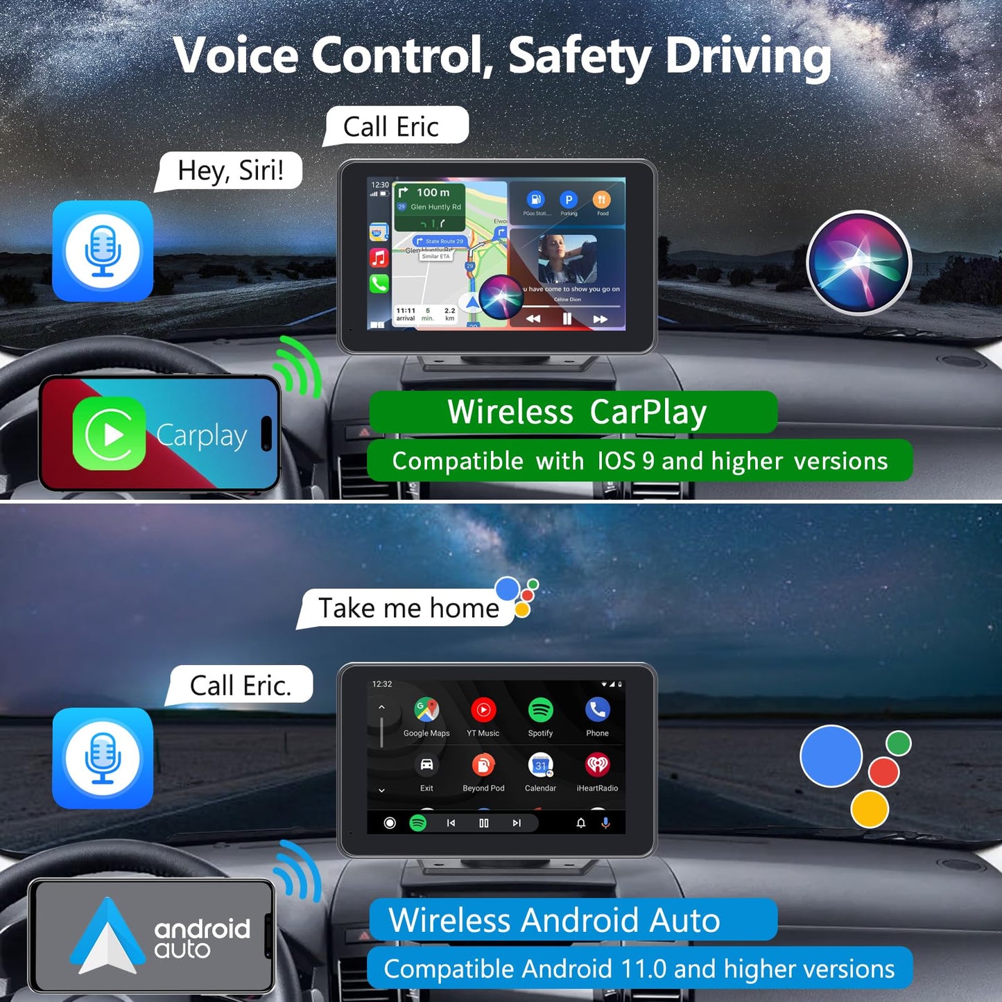 Wireless Car Stereo with Apple CarPlay/Android Auto, Portable Touch Screen Car Radio Multimedia Player with Bluetooth, Backup Camera, Navigation, Mirror Link for All Vehicles