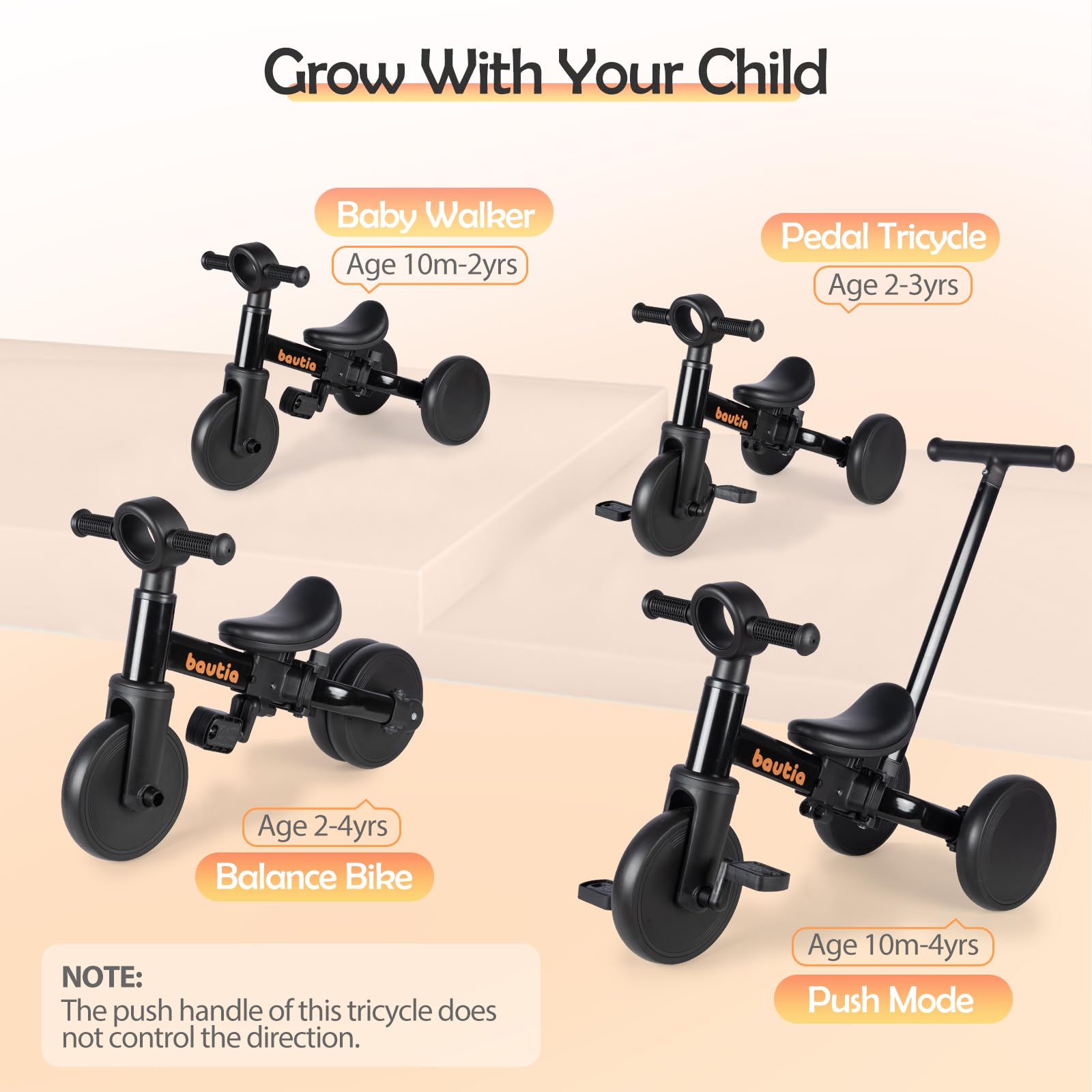 Tricycle for Toddlers 1-3 with Push Handle, 5 in 1 Baby Balance Bike for 1-4 Years Old Kids Toy, Boys Girls Bicycle Gift with Removable Pedals, Black (No Parent Steering Version)