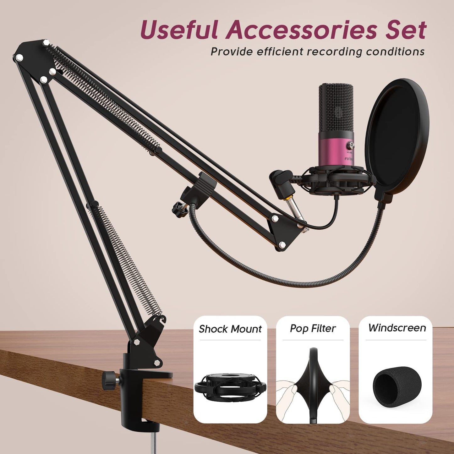 FIFINE Studio Condenser USB Microphone Computer PC Microphone Kit with Adjustable Boom Arm Stand Shock Mount for Instruments Voice Overs Recording Podcasting YouTube Vocal Gaming Streaming-T669