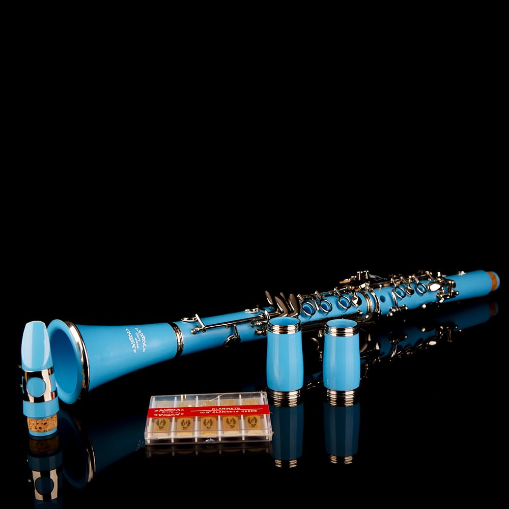 Glory GLY-CLADBL Professional Ebonite Bb Clarinet with 10 Reeds, Stand, Hard Case, Cleaning Cloth, Cork Grease, Mouthpiece Brush and Pad Brush,Dark Blue/Silver