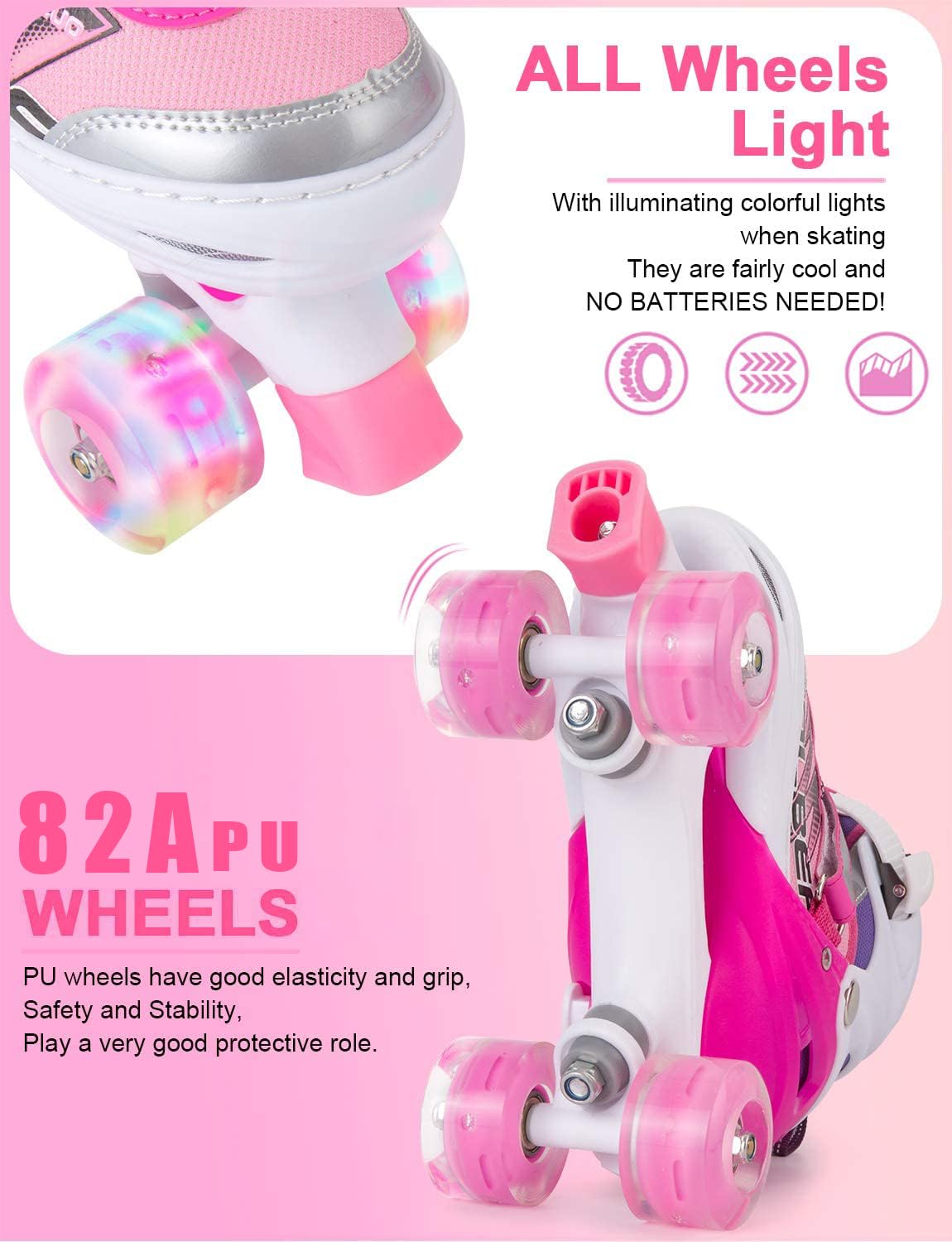 Sowume Adjustable Roller Skates for Girls and Women, All 8 Wheels of Girl's Skates Shine, Safe and Fun Illuminating for Kids