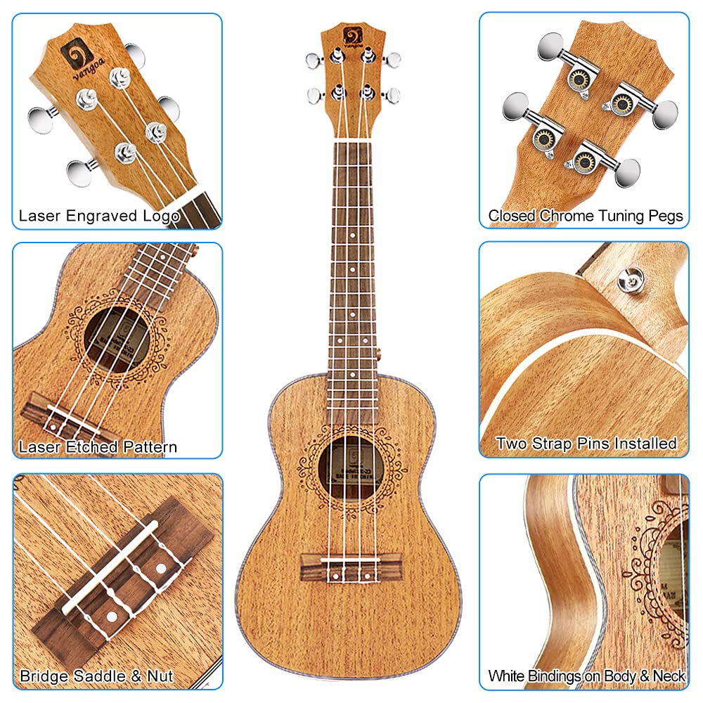 Ukulele Soprano Mahogany 21 Inch Professional Acoustic Ukelele Four String Wooden Hawaiian Uke Beginner Kit for Kids Students Starter Kit, by Vangoa