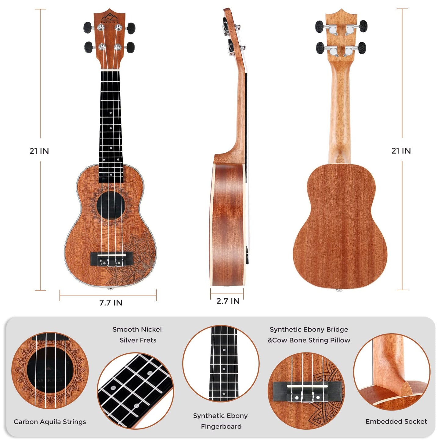 EASTROCK Concert Ukulele Mahogany Beginner 23 inch Ukelele Big Package Kit. Ukulele Ukalalee Suitable for adults, Beginners. (23-Mahogany)