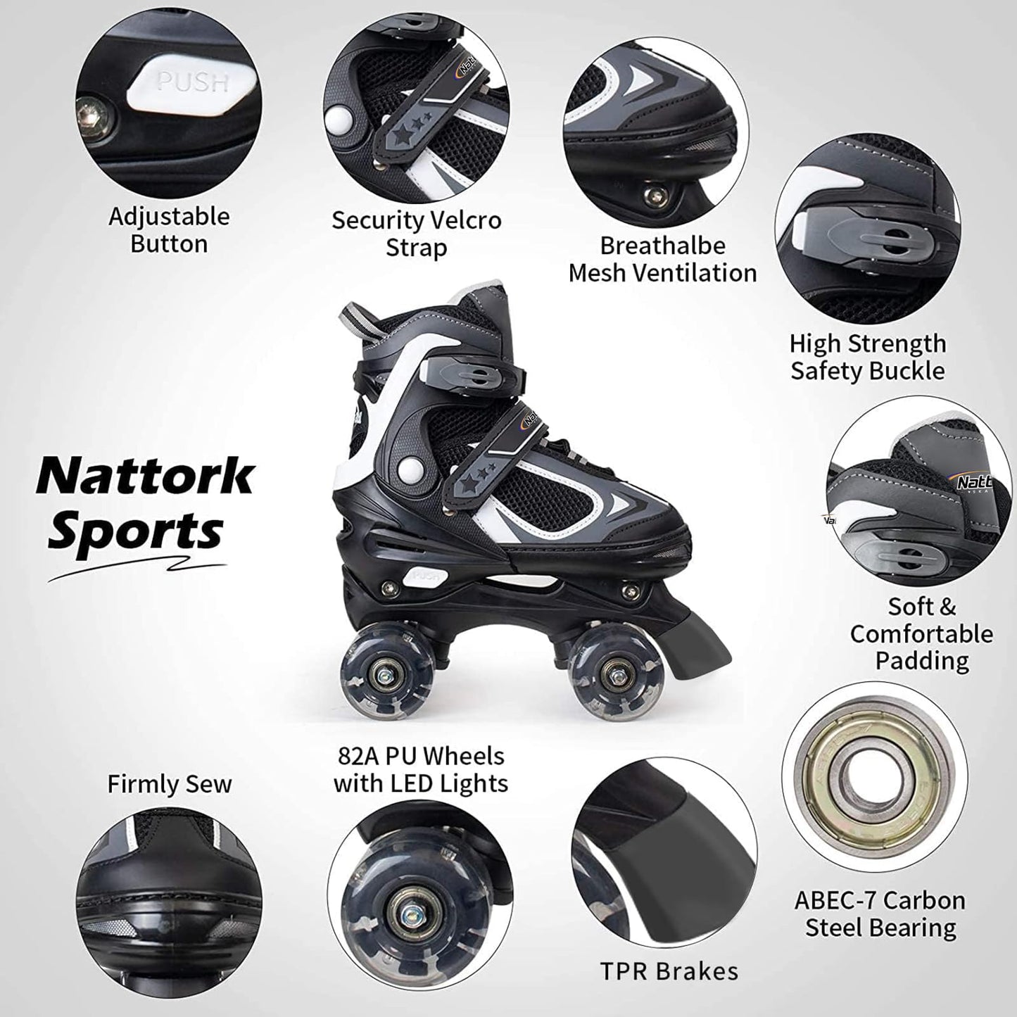 Nattork Kids Roller Skates for Boys Girls Kids, 4 Sizes Adjustable Quad Skates with All Light up Wheels - Birthday Gift for Indoor Outdoor Sports