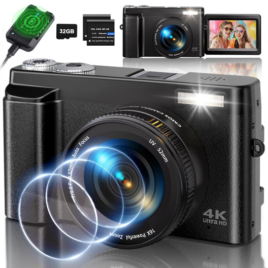 4K Digital Camera for Photography, 48MP Auto-Focus Vlogging Camera for YouTube with SD Card, 16X Digital Zoom Compact Camera with 3" 180° Flip Screen/Anti Shake/Flash, 2 Batteries &amp; Battery Charger