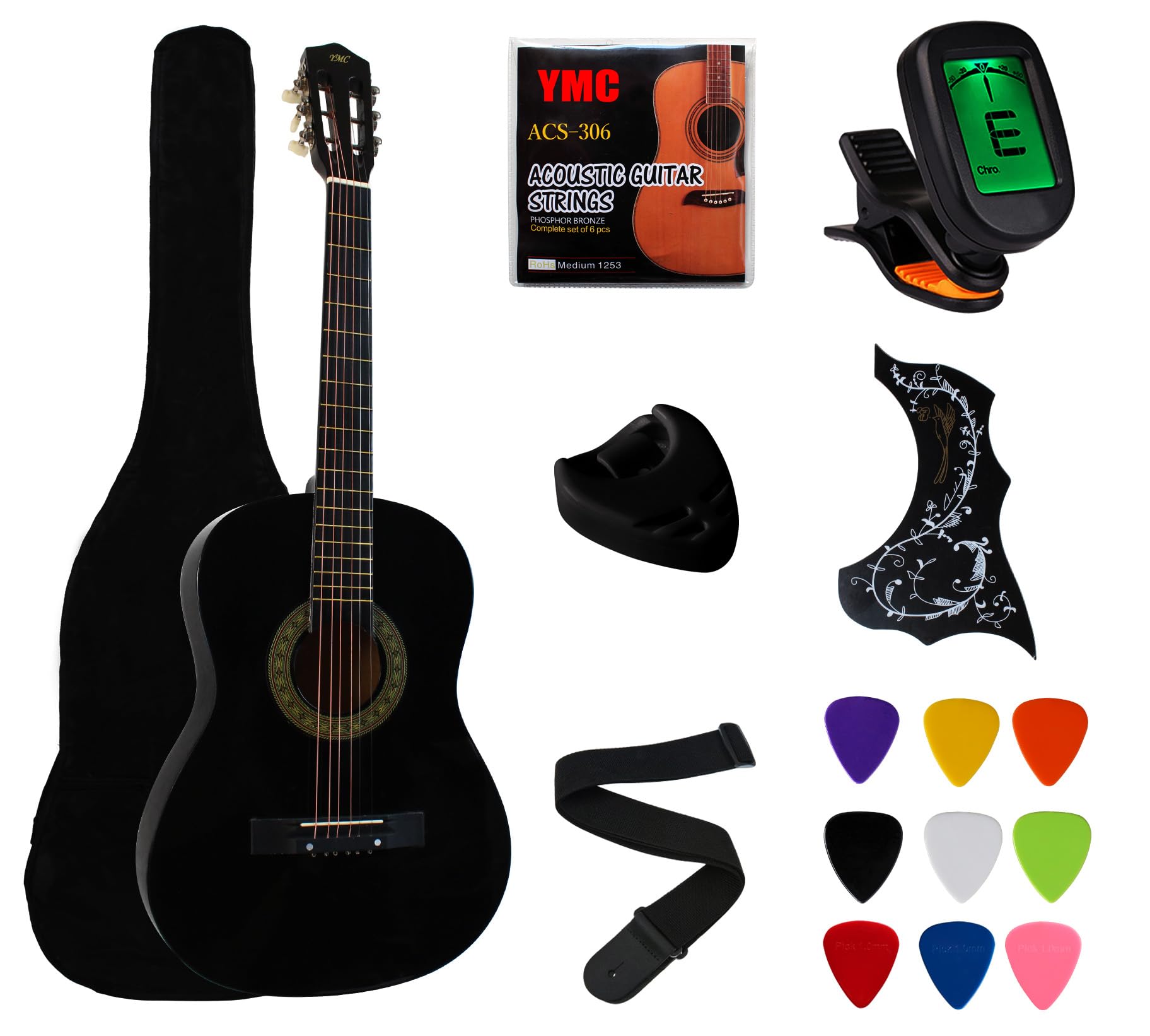 YMC 38" Black Beginner Acoustic Guitar Starter Package Student Guitar with Gig Bag,Strap, 3 thickness 9 picks,2 Pickguards,Pick Holder, Extra Strings, Electronic Tuner -Black