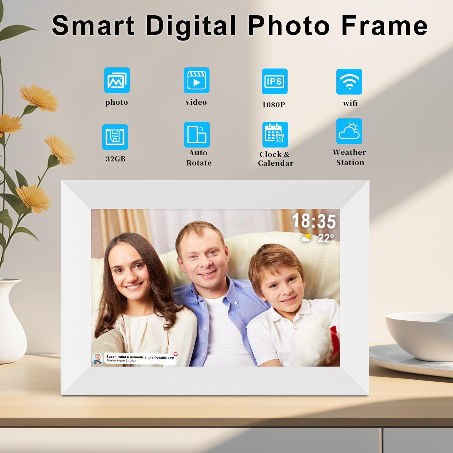 Frameo Digital Picture Frame WiFi -10.1 Inch Digital Photo Frame with 32GB Storage SD Card Slot Desktop,IPS Touch Screen, Auto-Rotate Slideshow Share Videos Photos Remotely Via App-White