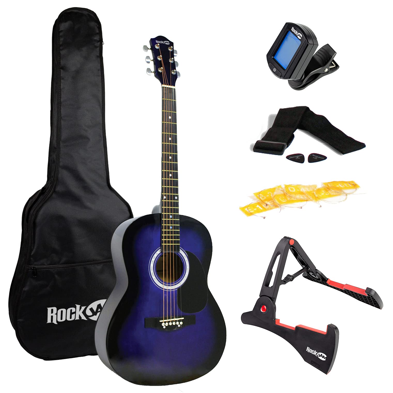 RockJam Acoustic Guitar Superkit Includes Stand, Gig Bag, Tuner, Picks, Plectrum Holder, Spare Strings &amp; Online Lessons 6 Pack, Right, Black, Full (RJW-101-BK-PK)