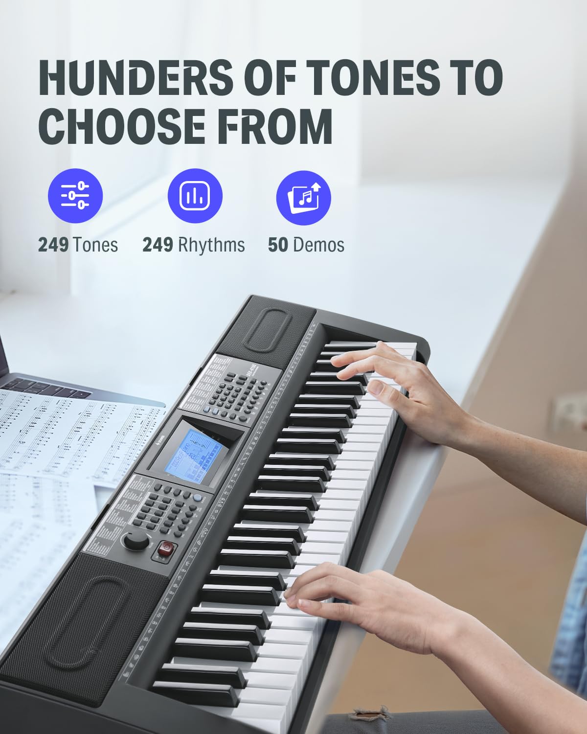 Donner Keyboard Piano, 61 Key Piano Keyboard for Beginner/Professional, Electric Keyboard Kit with 249 Voices, 249 Rhythms - Includes Music Stand, Microphone, Black (DEK-610S)