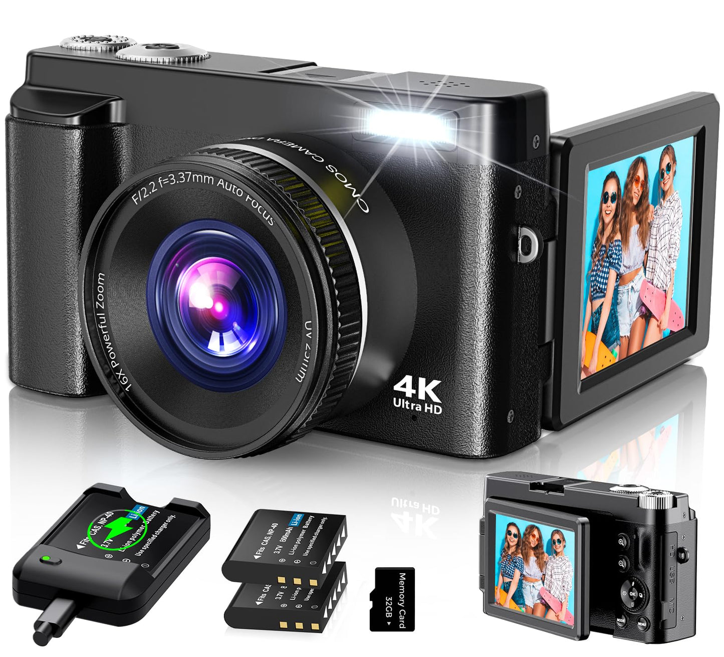 4K Digital Camera for Photography Autofocus, 2024 Latest 48MP Vlogging Camera for YouTube with SD Card, 2 Batteries, 3" 180°Flip Screen Compact Travel Camera for Teens with 16X Zoom, Anti-Shake,Black