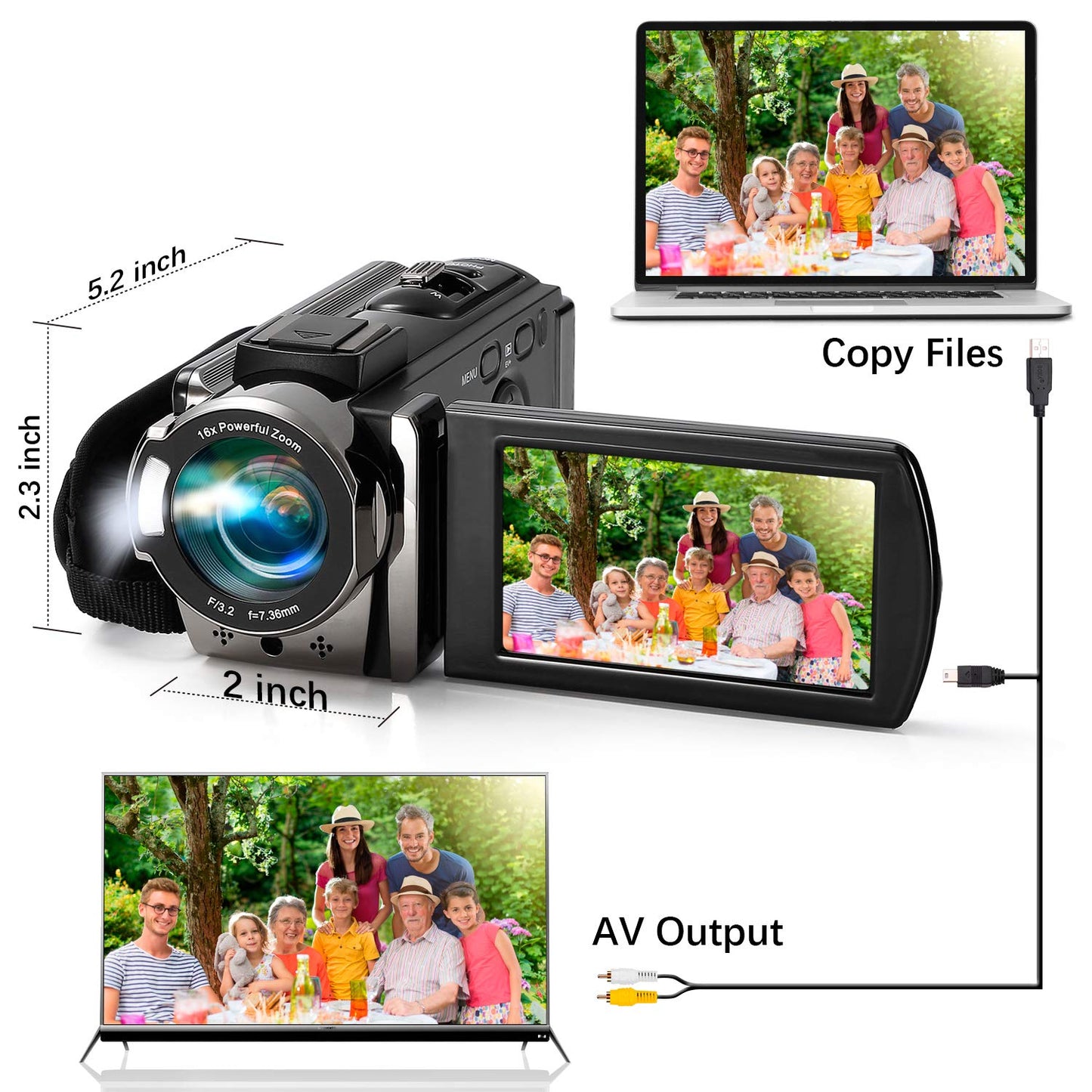 Video Camera Camcorder Digital Camera Recorder Full HD 1080P 15FPS 24MP 3.0 Inch 270 Degree Rotation LCD 16X Digital Zoom Camcorder Camera with 2 Batteries(Black)