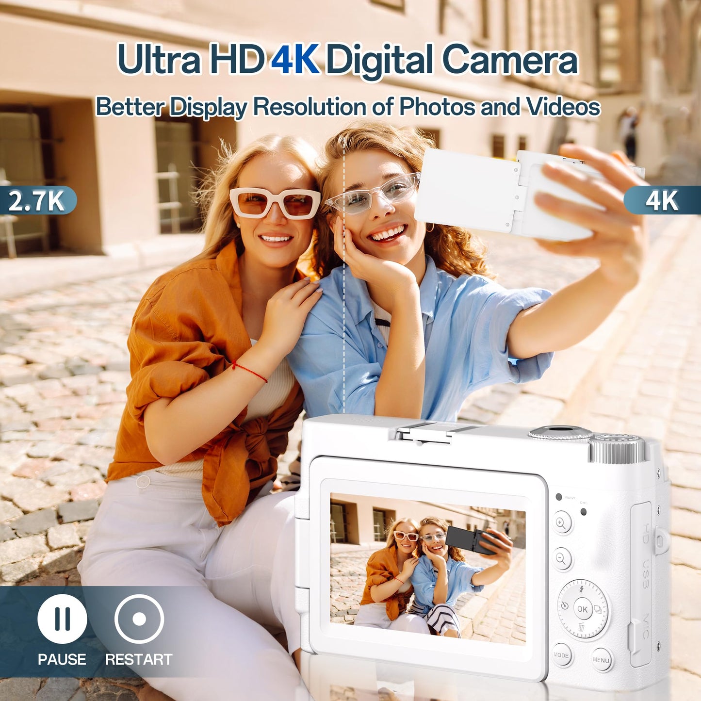 4K Digital Camera for Photography, 48MP Autofocus Vlogging Camera for YouTube with 3'' 180°Flip Screen, 16X Digital Zoom Anti-Shake Compact Travel Camera with SD Card, 2 Batteries &amp; Charging Stand