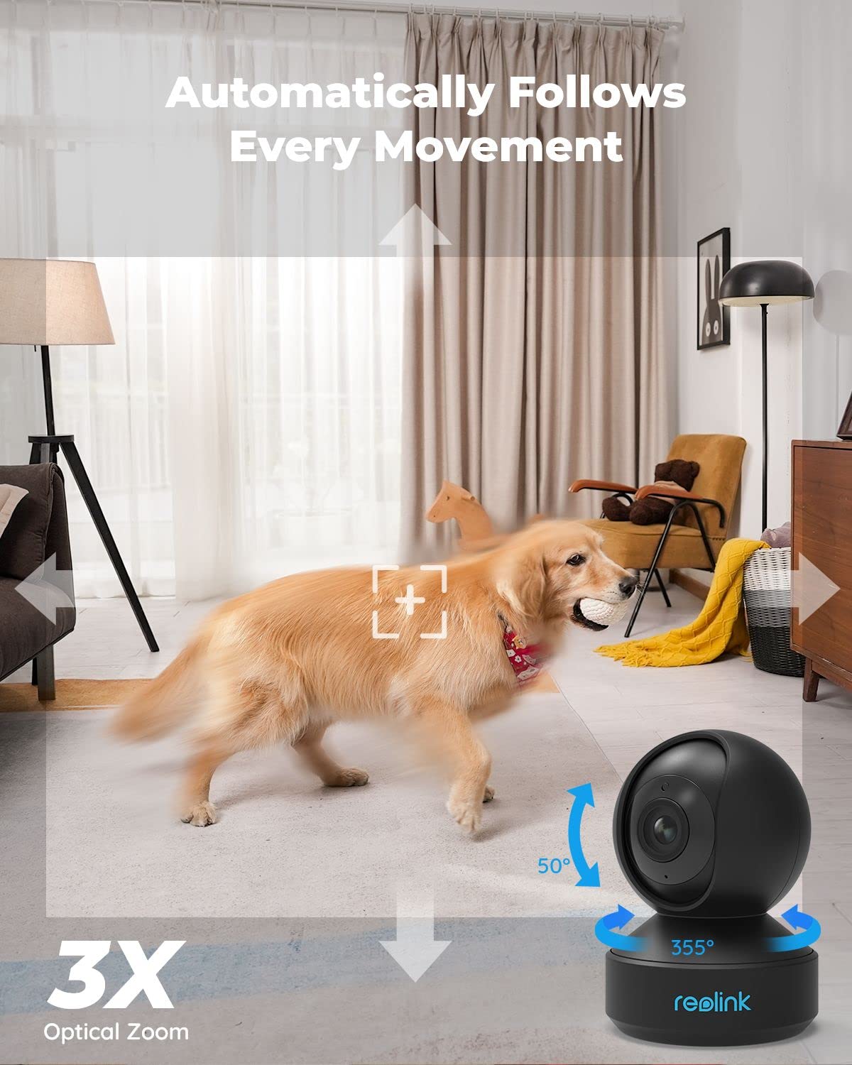 REOLINK 5GHz WiFi Indoor Camera, 5MP Plug-in Security Camera with 3X Optical Zoom, 360 Degree Baby/Dog Monitor with Auto Tracking, Person/Pet Detection, 2.4/5 GHz WiFi, Local Storage, E1 Zoom