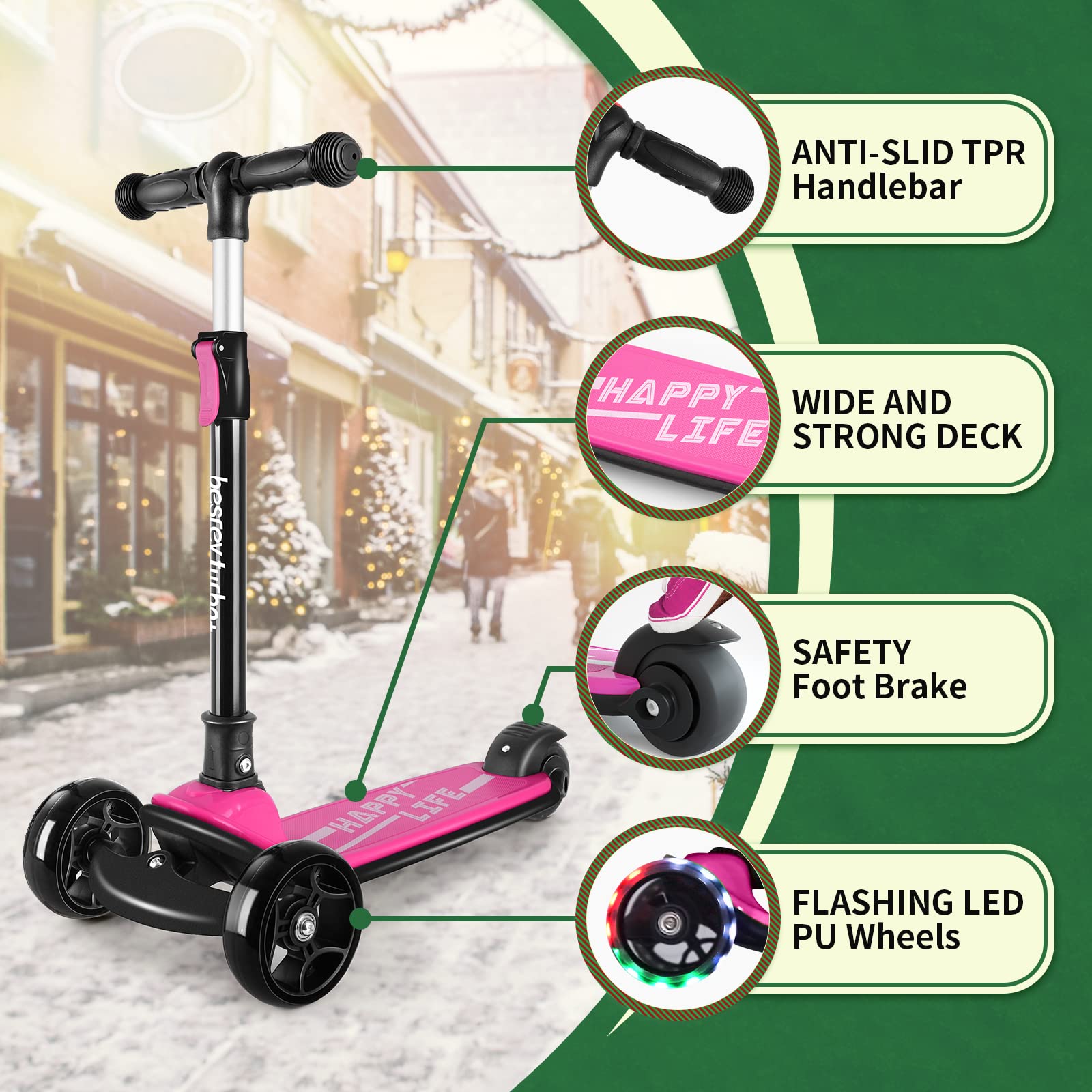 besrey Kick Scooter for Kids Ages 3-10, 3 Wheel Scooter for Kids with Adjustable Height, Folding Kids Scooter with LED Light Wheels Rear Brak Extra Wide Deck Outdoor Activities for Boys/Girls