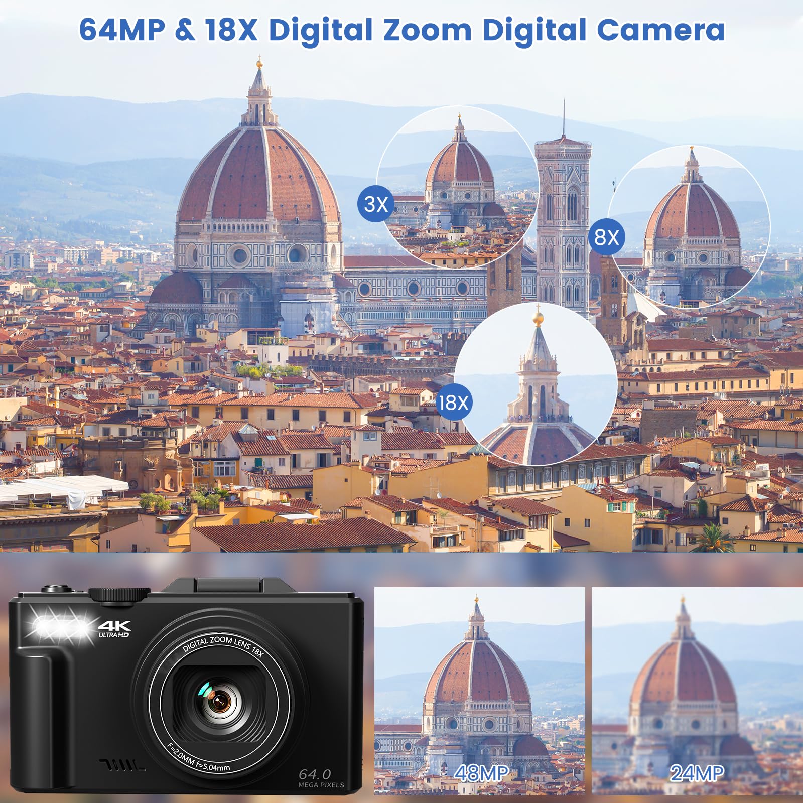 4K Digital Camera for Photography with 3" 180°Flip Screen, 64MP Vlogging Camera for YouTube, 4K Ultra HD WiFi Camera with 18X Digital Zoom，Compact Camera with Flash, 32GB TF Card &amp; 2 Batteries（Black）