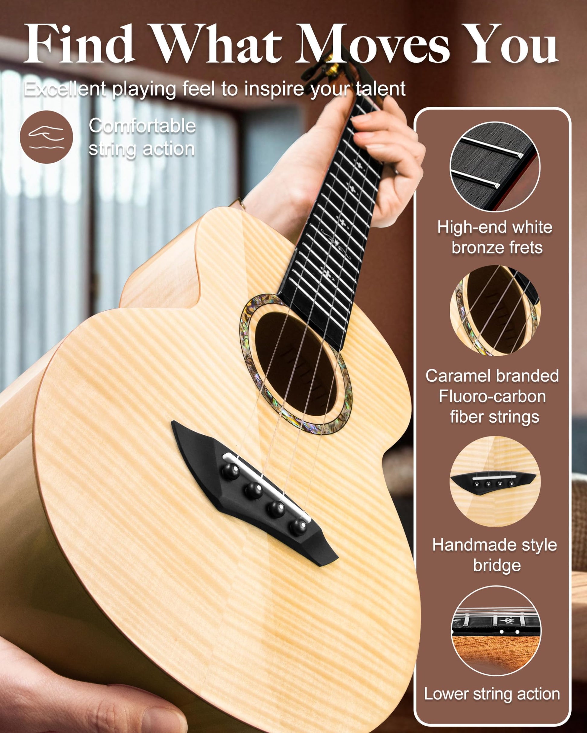 Caramel CAG94 Glossy Black Ebony 23" Concert Ukulele for Beginner | Handmade Ukelele Starter Kit