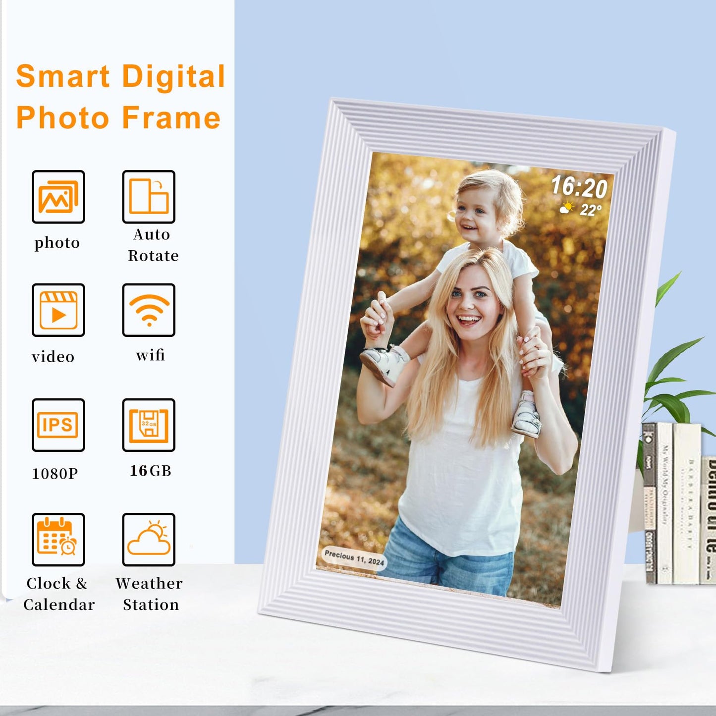 Frameo Digital Picture Frame WiFi -10.1 Inch Digital Photo Frame with 32GB Storage SD Card Slot Desktop,IPS Touch Screen, Auto-Rotate Slideshow Share Videos Photos Remotely Via App-White