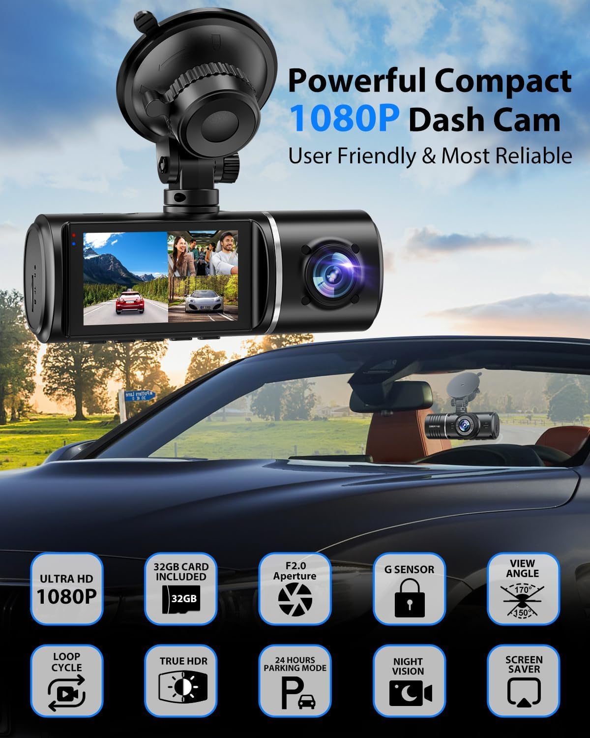 Dash Cam Front and Rear Inside, 3 Channel Dash Camera for Cars, 1080P Car Dash Cam, Triple Dash Cam, Dash Camera with 32GB Card, Loop Recording, HDR, G-Sensor, 24Hr Parking