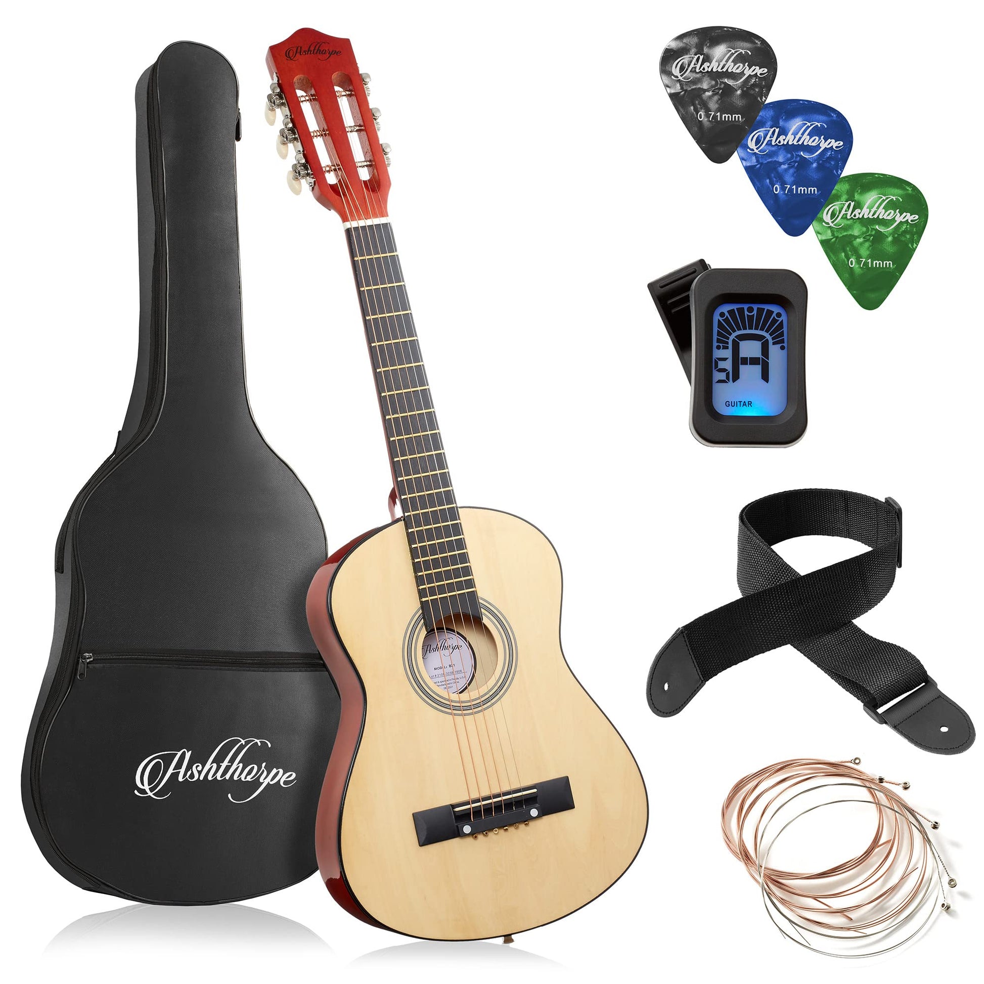 Ashthorpe 30-inch Beginner Acoustic Guitar Package (Black), Basic Starter Kit w/Gig Bag, Strings, Strap, Tuner, Picks