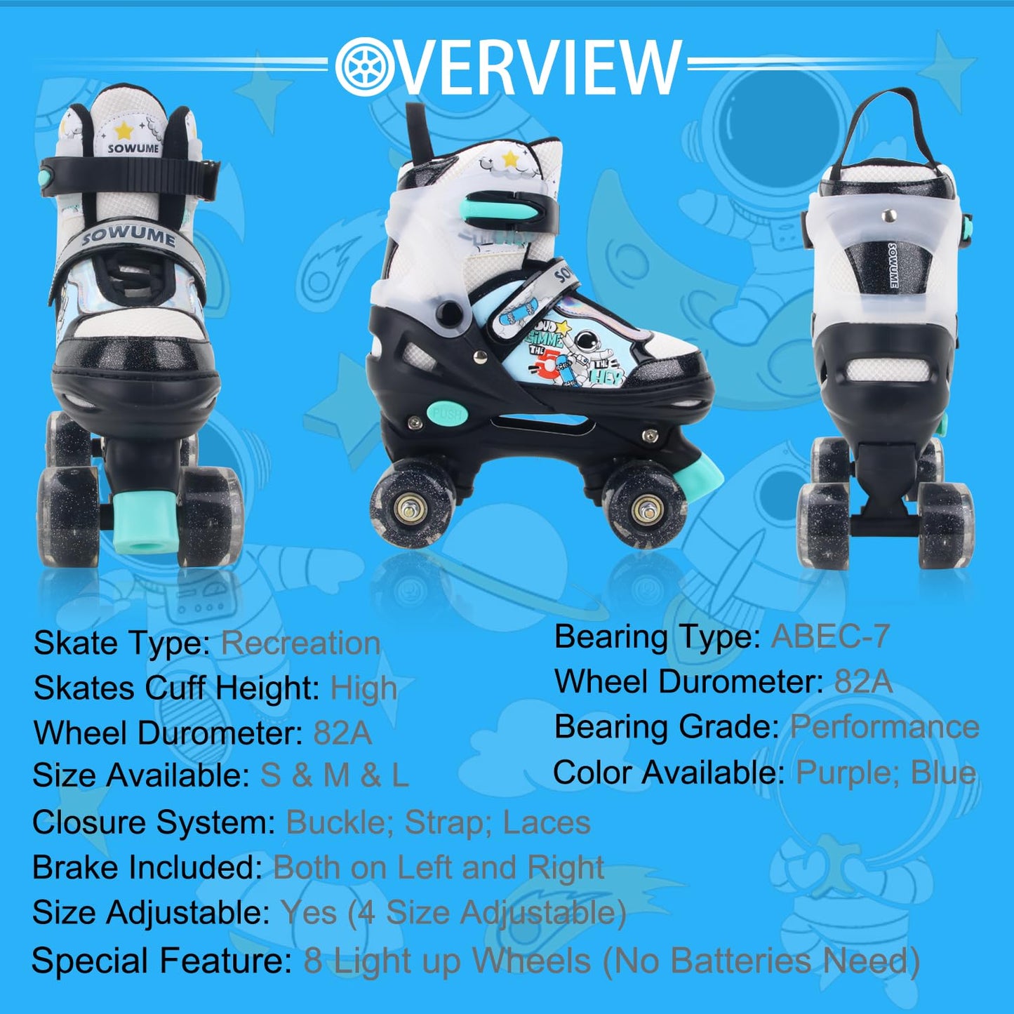 Sowume Adjustable Roller Skates for Girls and Women, All 8 Wheels of Girl's Skates Shine, Safe and Fun Illuminating for Kids