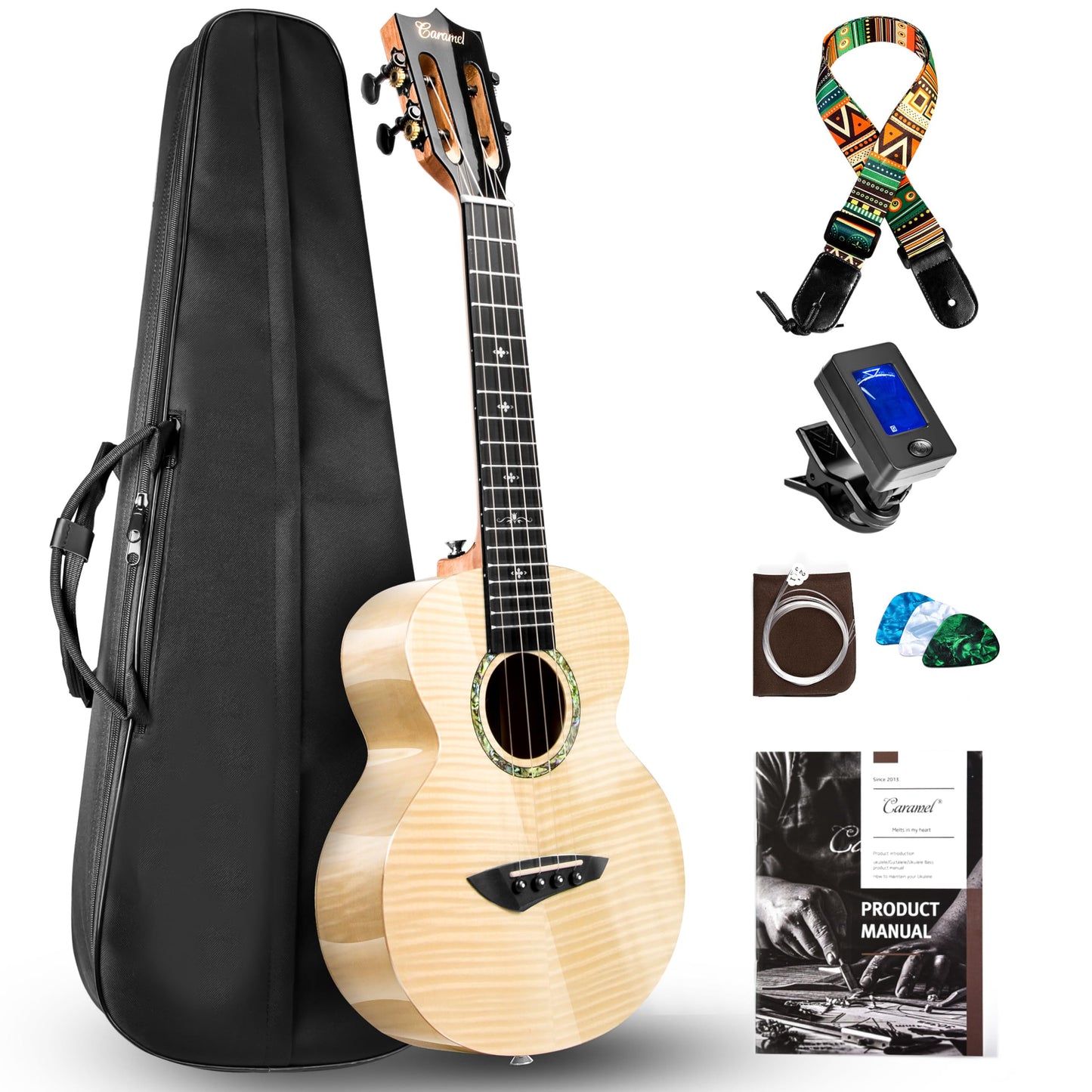 Caramel CAG94 Glossy Black Ebony 23" Concert Ukulele for Beginner | Handmade Ukelele Starter Kit