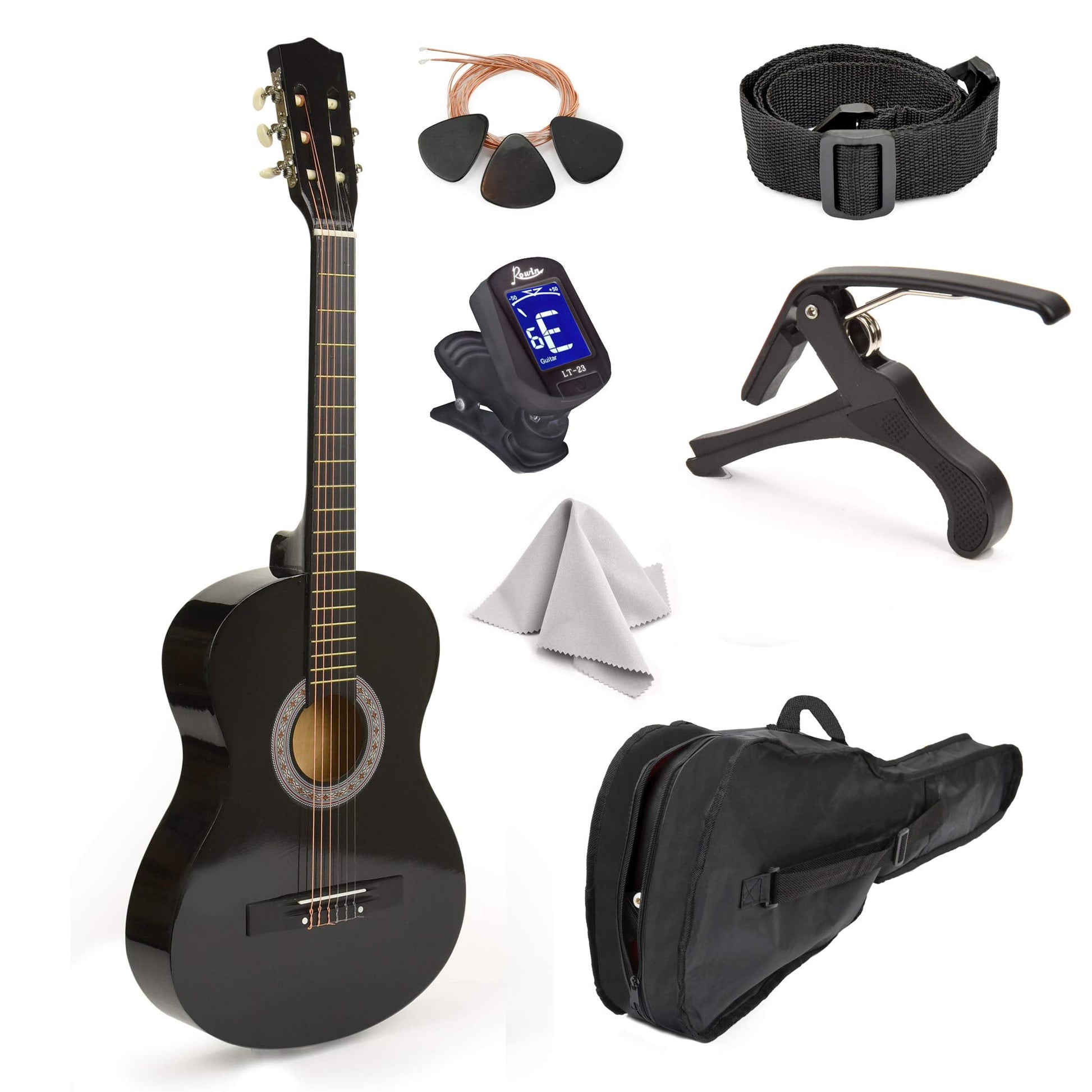 30" Left Handed Wood Guitar with Case and Accessories for Kids/Girls/Boys/Teens/Beginners (30", Black)