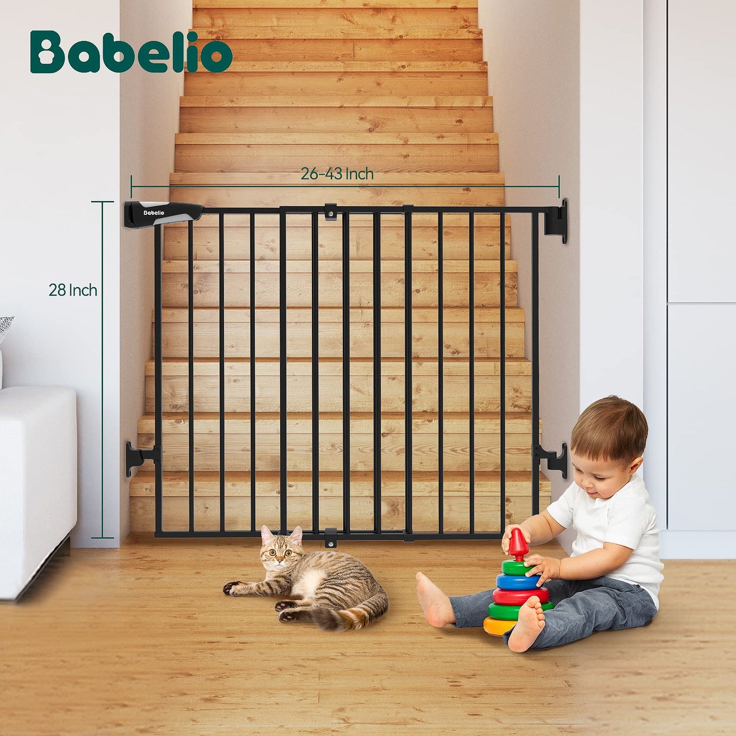 Babelio 26-43" No Bottom Bar Baby Gate for Babies, Elders and Pets, 2-in-1 Hardware Mount Dog Gate for The House, Stairs and Doorways, with Large Walk Thru Door, Black