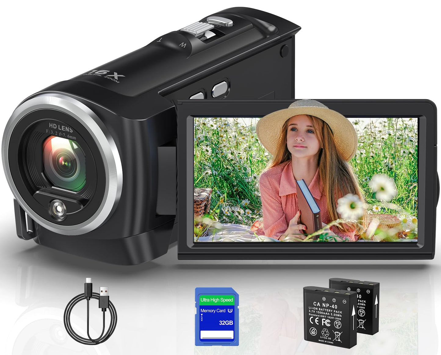 2.7K Video Camera Camcorder QHD 50MP YouTube Vlogging Camera 16X Digital Zoom Webcam 270 Degree Rotation Screen Camcorders with 32G SD Card and 2 Batteries Recording While Charging