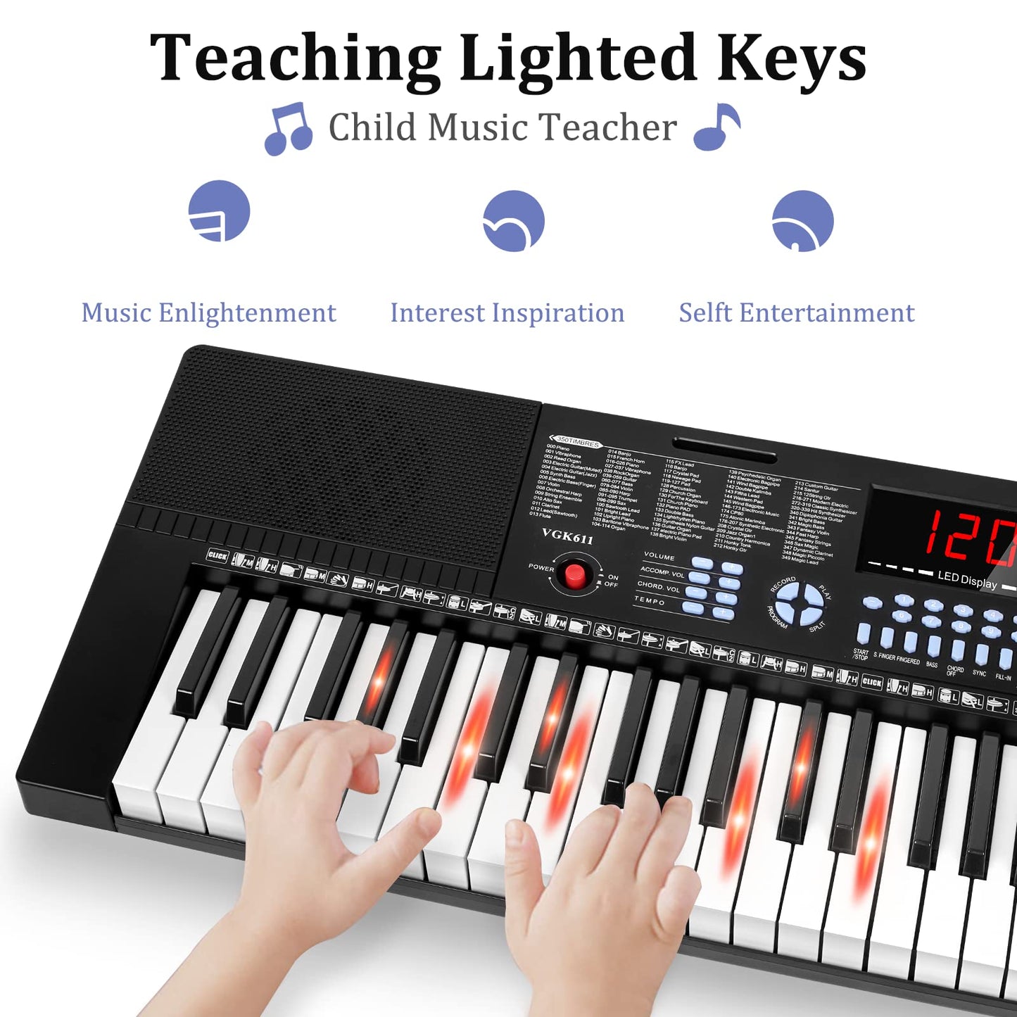 Vangoa 61-Key Light-Up Keyboard Piano for Beginners, 350 Tones &amp; Timbres, 3 Teaching Modes, With Microphone, Black