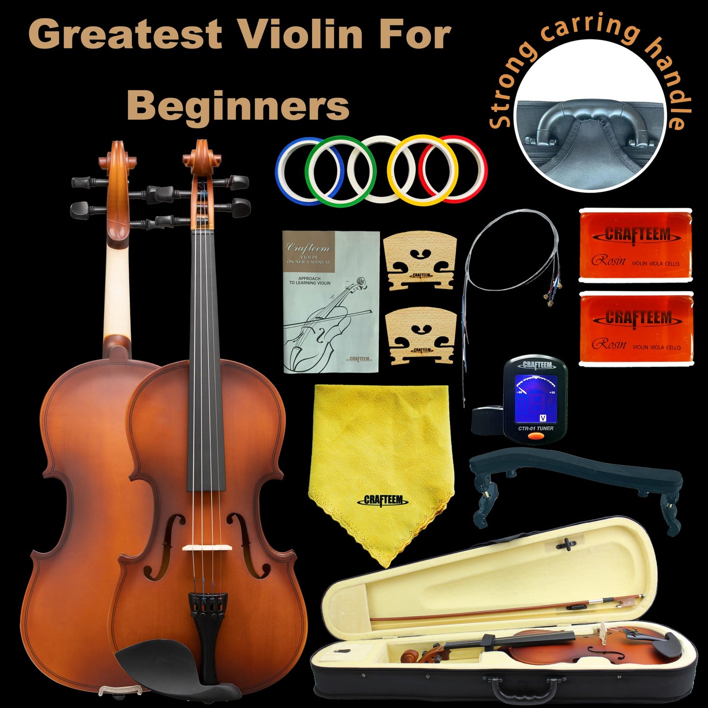 1/2 Fiddle Black Colored Premium Violin Outfit for Beginners Adults Kids With 5 Color Fingering Tape- Handcrafted Student Beginner Violin.(Black, 1/2)