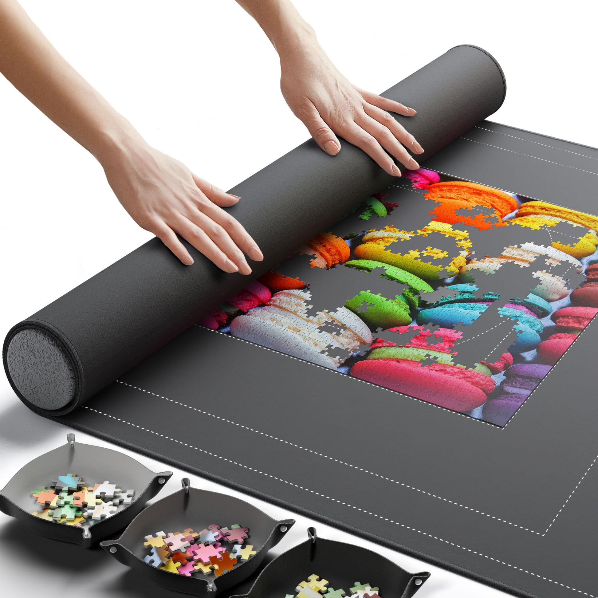 Newverest Jigsaw Puzzle Mat Roll Up, Saver Pad 39.4” x 23.6” Portable Keeper Up to 1000 Pieces with Non-Slip Rubber Bottom and Polyester Top + 3 Puzzle Sorting Trays, Travel-Friendly Storage Bag